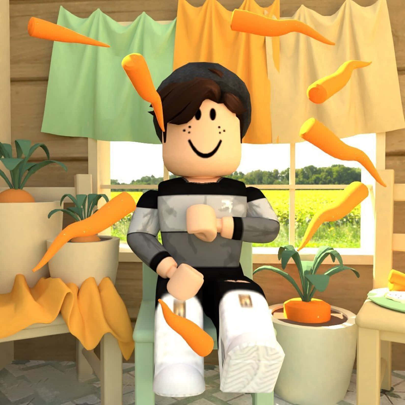 Roblox角色在明亮的房間裡被紅蘿蔔和植物包圍。 — Roblox 壁紙