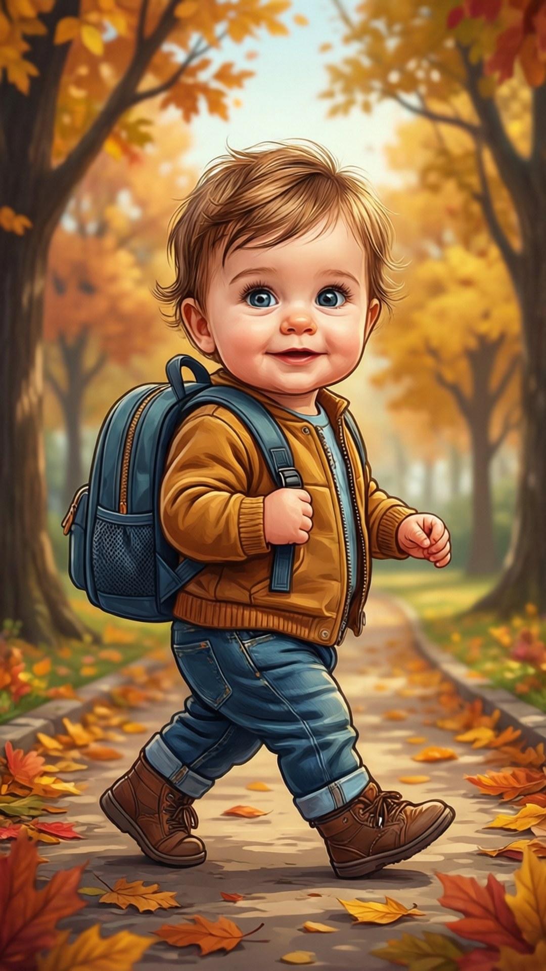 秋日散步寶寶 壁紙 — 一個開心的幼兒背著背包，在金色樹下的落葉秋徑上行走。