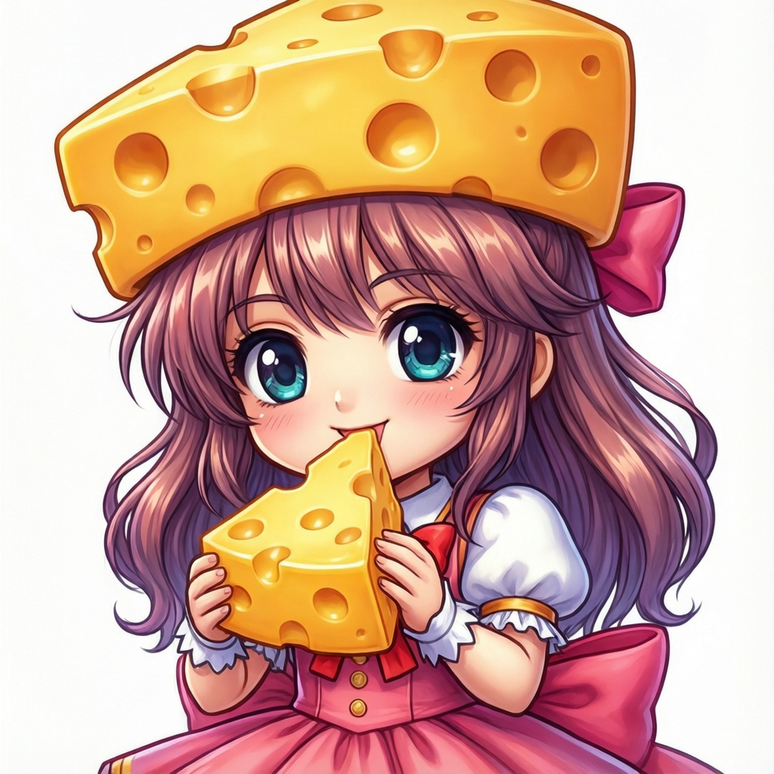 Cheesy Nagisa Chibi 壁紙 — 一個開心的動漫女孩，紫色頭髮藍色眼睛，戴著起司帽，吃著一塊瑞士起司。