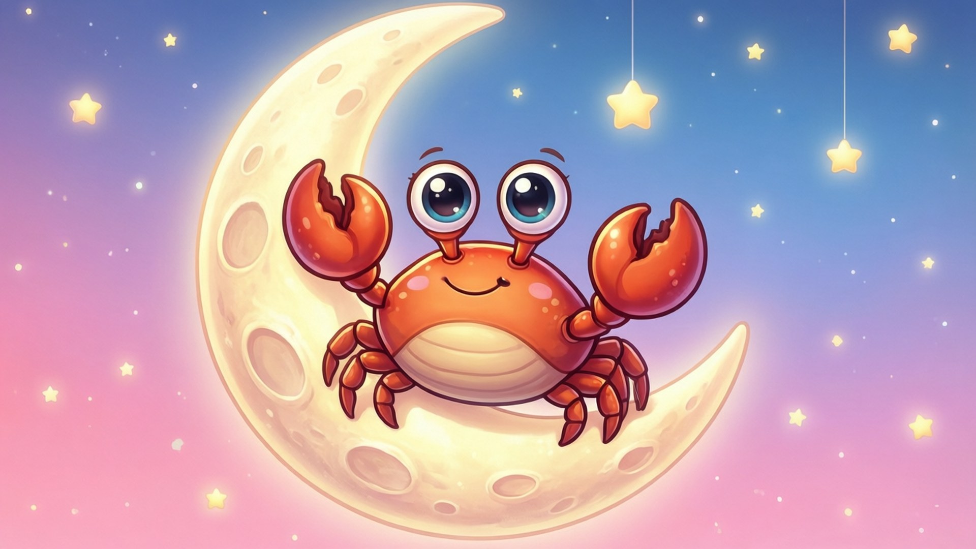 Kawaii Crab on Moon 壁紙 — 一隻開心的卡通螃蟹，大眼睛，坐在新月上微笑，周圍是發光的星星，背景是柔和粉彩天空。