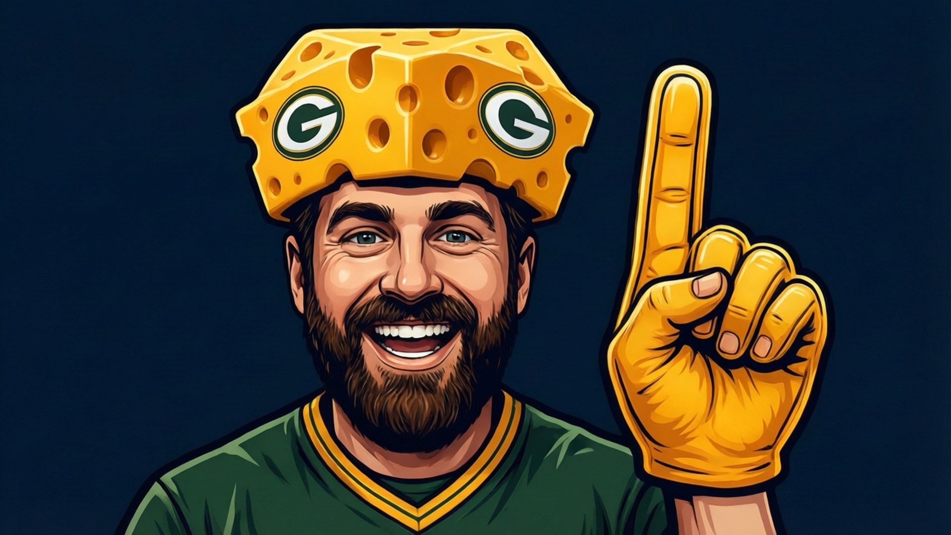 Cheesehead Fan Cartoon 壁紙 — 一位開心的球迷戴著有綠灣包裝工隊標誌的起司帽，舉起黃色手指，露出燦爛笑容。