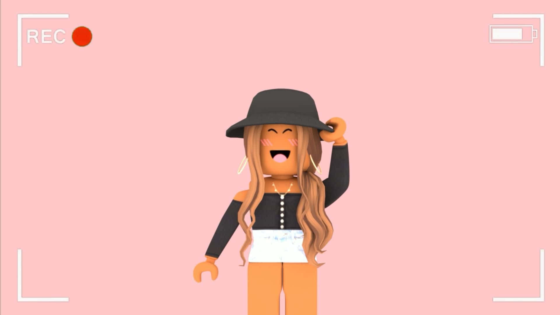 一個Roblox角色在粉紅色背景和相機UI中調整黑色帽子時大笑。 — Roblox 壁紙