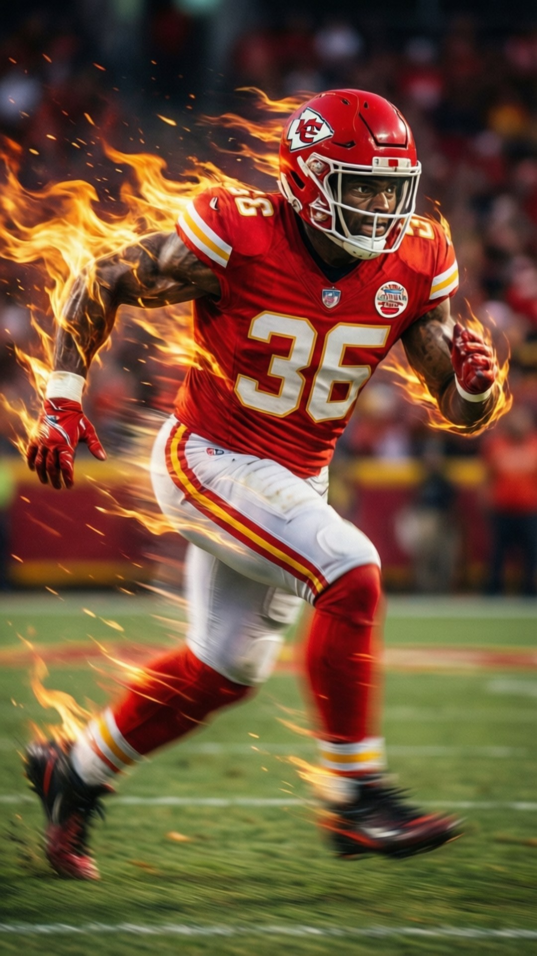 Running with Flames 壁紙 — 一名堪薩斯城酋長隊美式足球員身穿紅色36號球衣，在充滿火焰動態模糊的場地上衝刺。