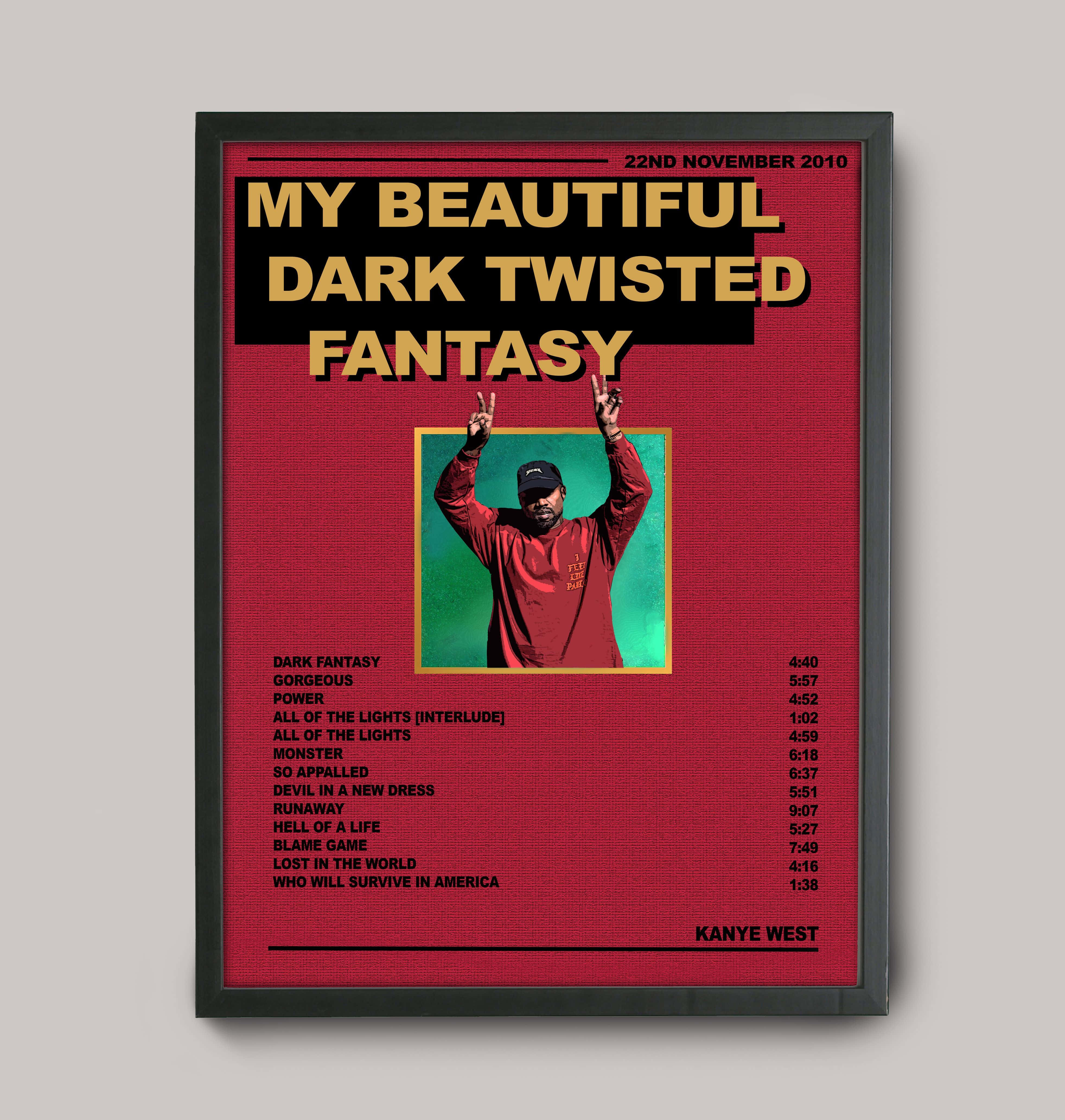 My Beautiful Dark Twisted Fantasy 桌布 壁紙 — Kanye West 專輯《My Beautiful Dark Twisted Fantasy》的裱框海報，附有曲目列表和藝人照片，背景為帶紋理的紅色。