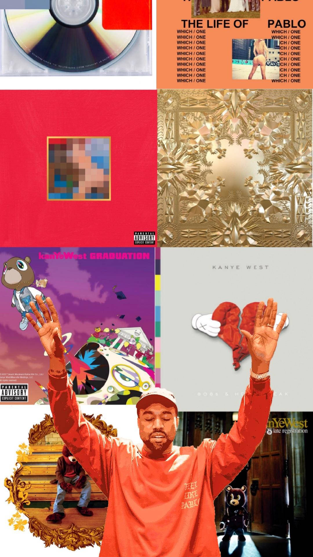 Kanye West 桌布 壁紙 — Kanye West 專輯封面的拼貼，具有鮮豔色彩和標誌性圖像，如CD、金色圖案和穿著紅色的藝術家。