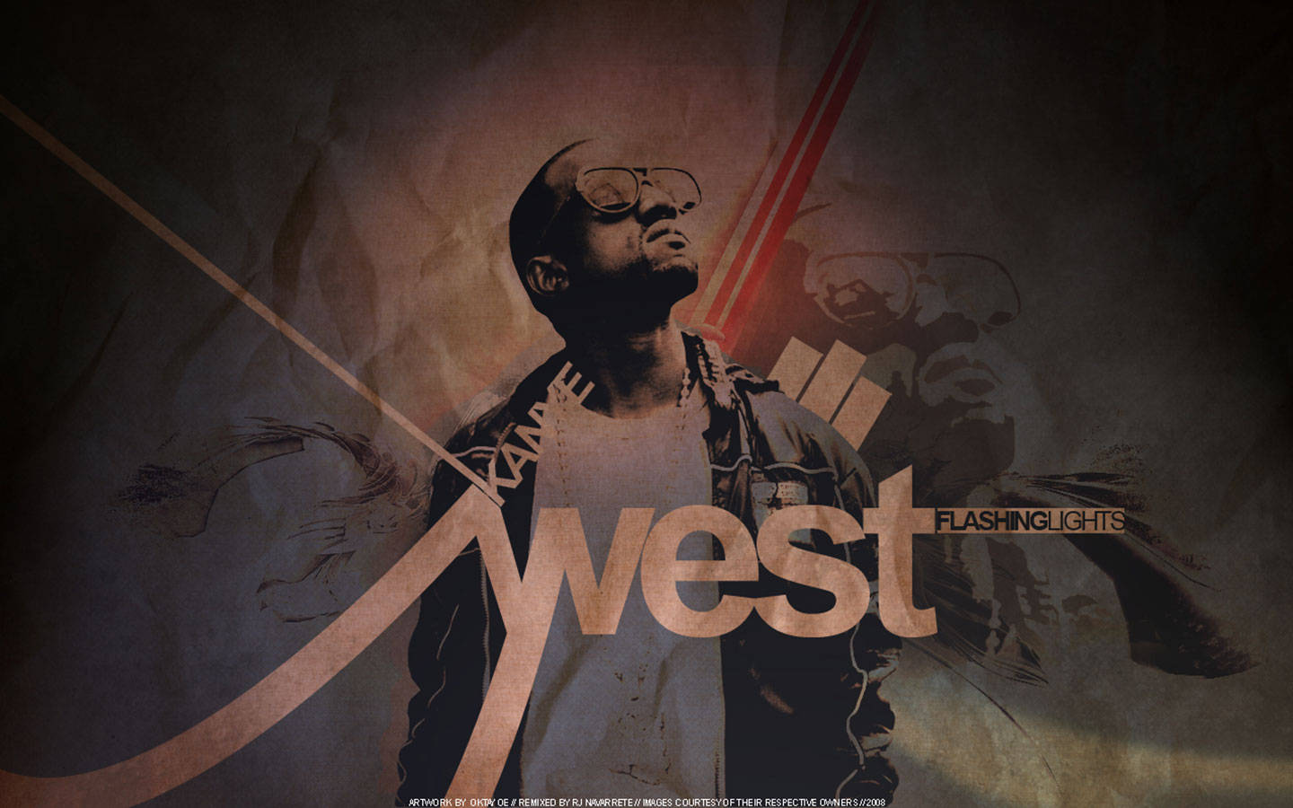 Kanye 桌布 壁紙 — Kanye West 戴眼鏡和穿夾克的風格化肖像，背景為有紋理的深色背景，帶有紅色光條和他的名字大文字。