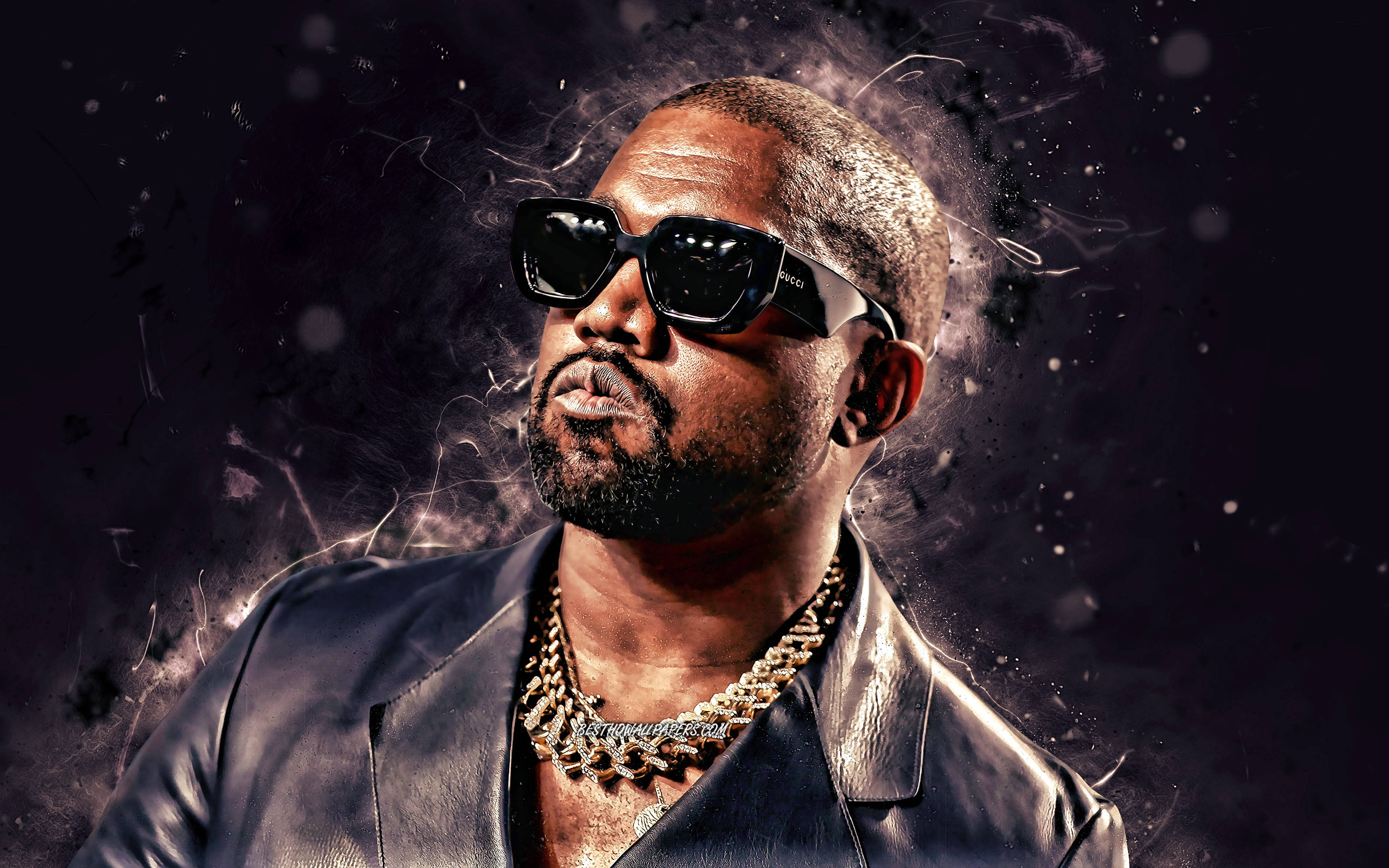 Kanye West Ye 桌布 壁紙 — Kanye West 戴著黑色太陽眼鏡和皮夾克，煙霧在他頭部周圍旋轉，背景深色。