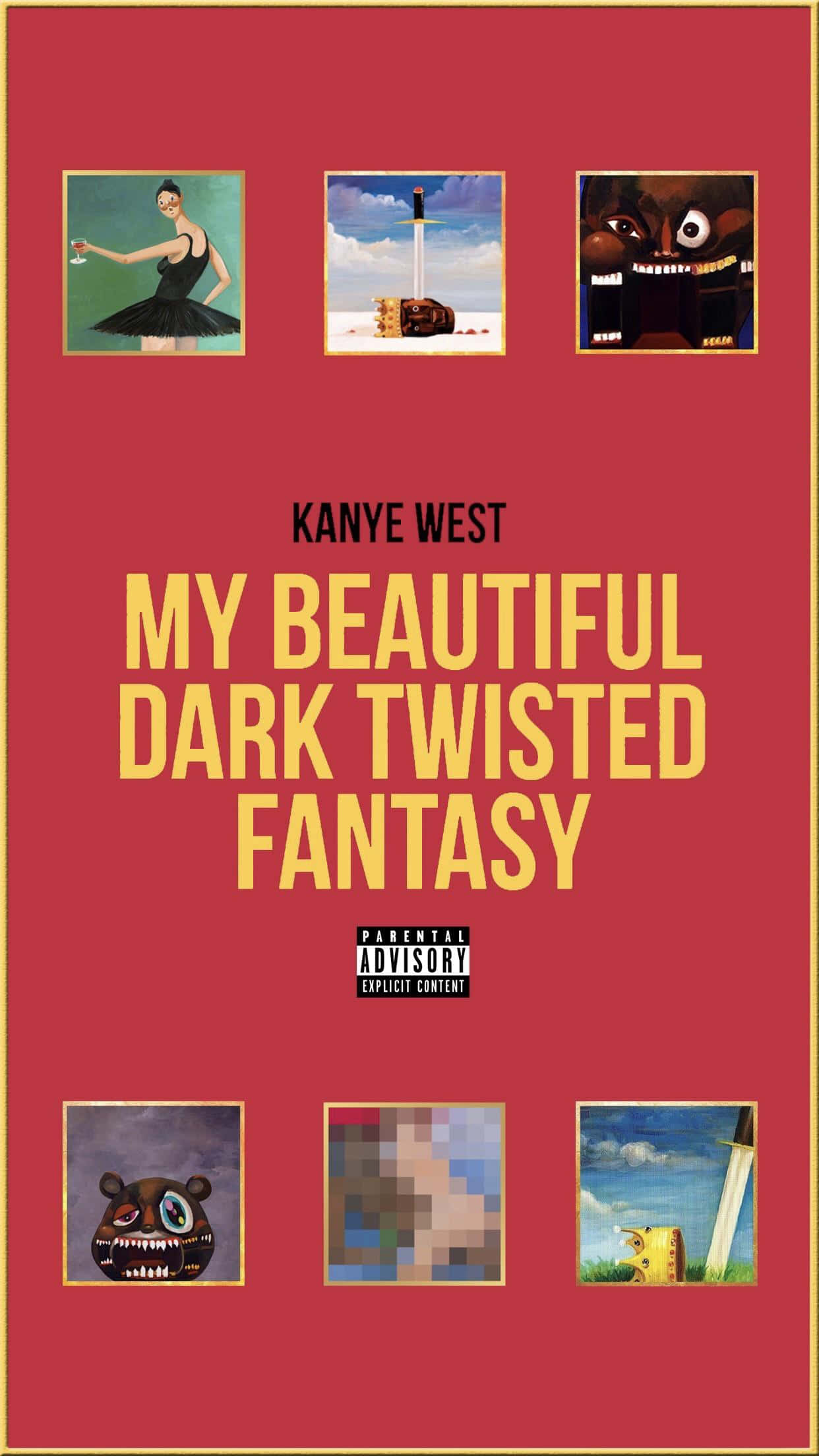 kanye west android 桌布 壁紙 — Kanye West 的《My Beautiful Dark Twisted Fantasy》專輯封面，紅色背景上有六個超現實藝術面板。