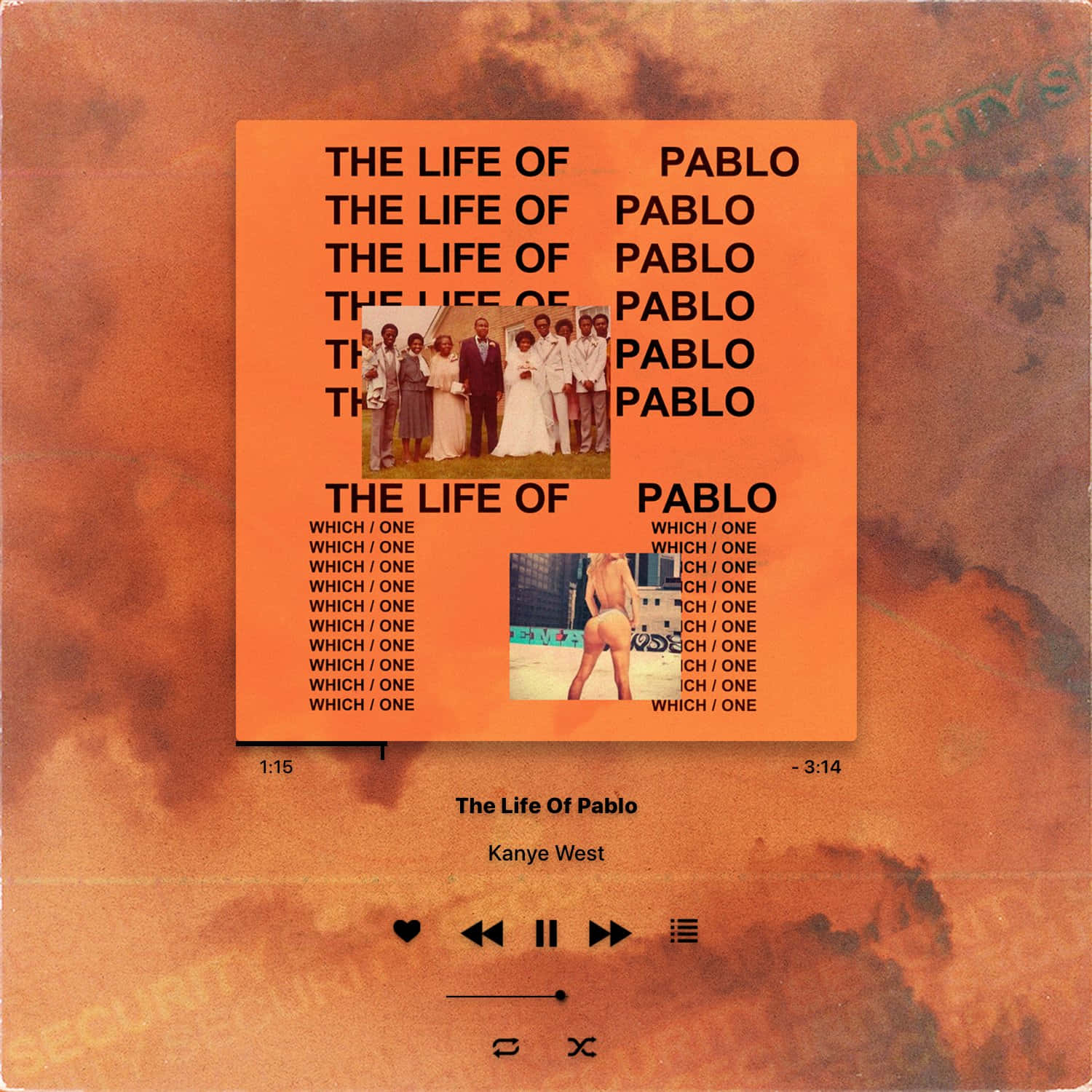 The Life Of Pablo 桌布 壁紙 — Kanye West 的《The Life of Pablo》專輯藝術展示在復古橙色黑膠唱片封套上，帶有重複文字和兩張照片。