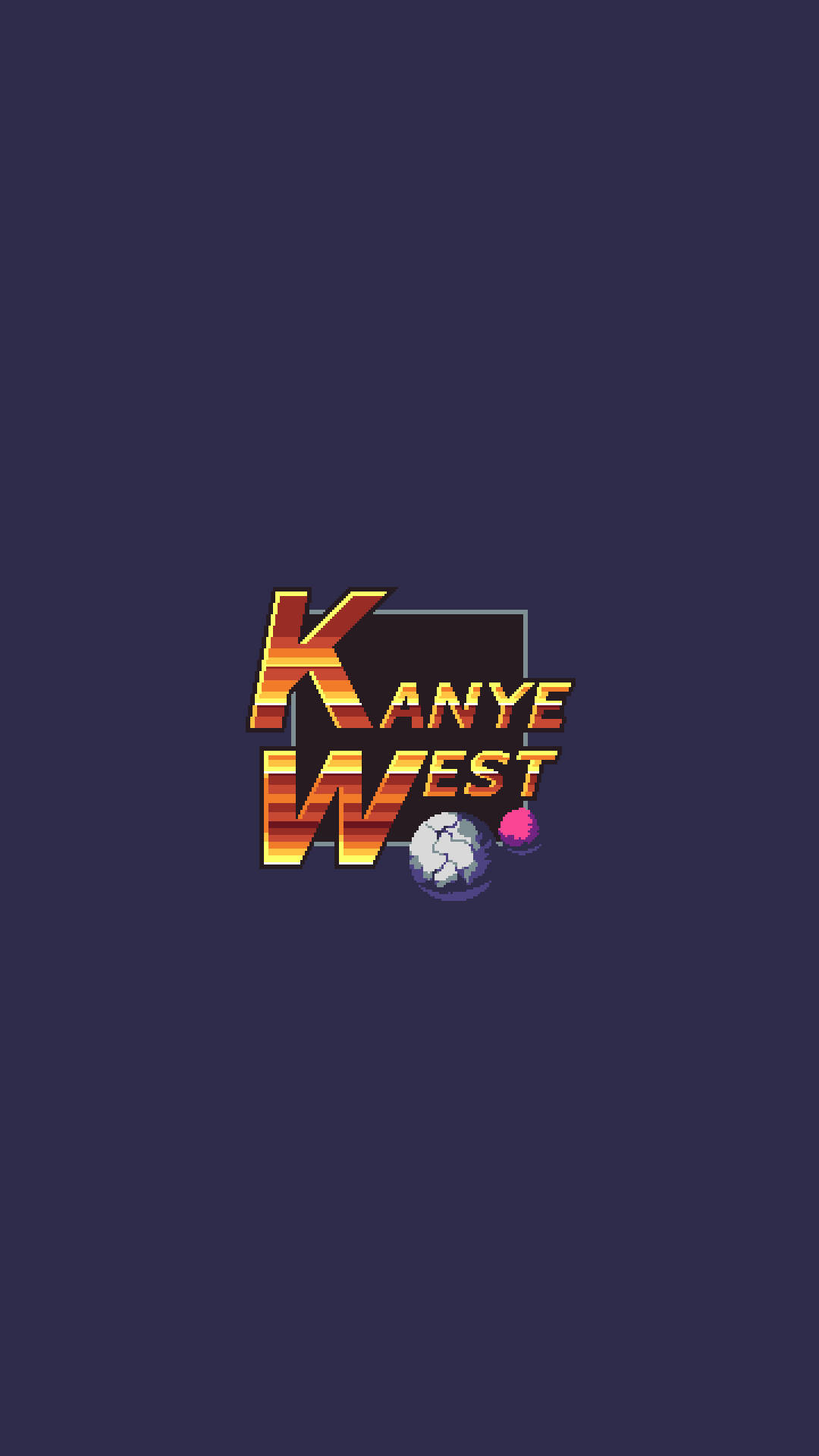 Kanye 桌布 壁紙 — Kanye West 的像素藝術標誌，帶有漸層橙色字母和深藍色背景上的裂開地球。