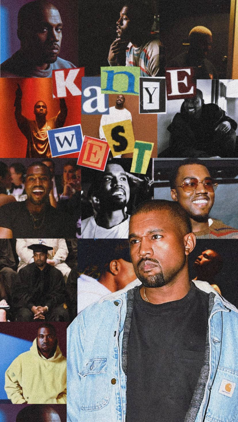 Kanye West Album Cover 桌布 壁紙 — Kanye West 的生動拼貼畫，展示他各種姿勢和服裝，並用彩色字母方塊拼出他的名字。