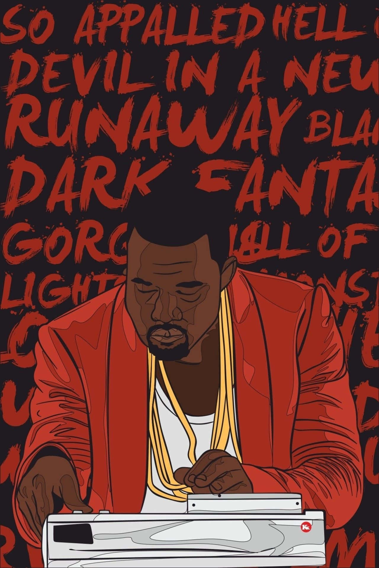 kanye west android 桌布 壁紙 — Kanye West 的風格化插圖，身穿紅色外套和金色鏈條，坐在白色唱盤前，背景為深色，帶有粗體紅色塗鴉風格文字。