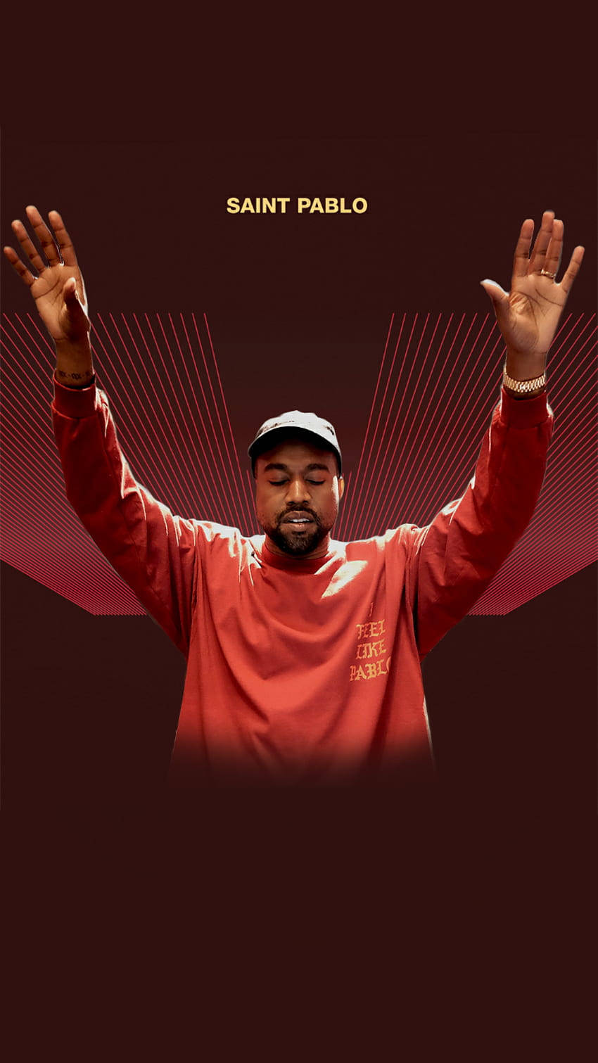 Kanye 桌布 壁紙 — Kanye West 穿著紅色衛衣，雙臂高舉，背景為深色，帶有紅色幾何射線和文字 saint pablo。