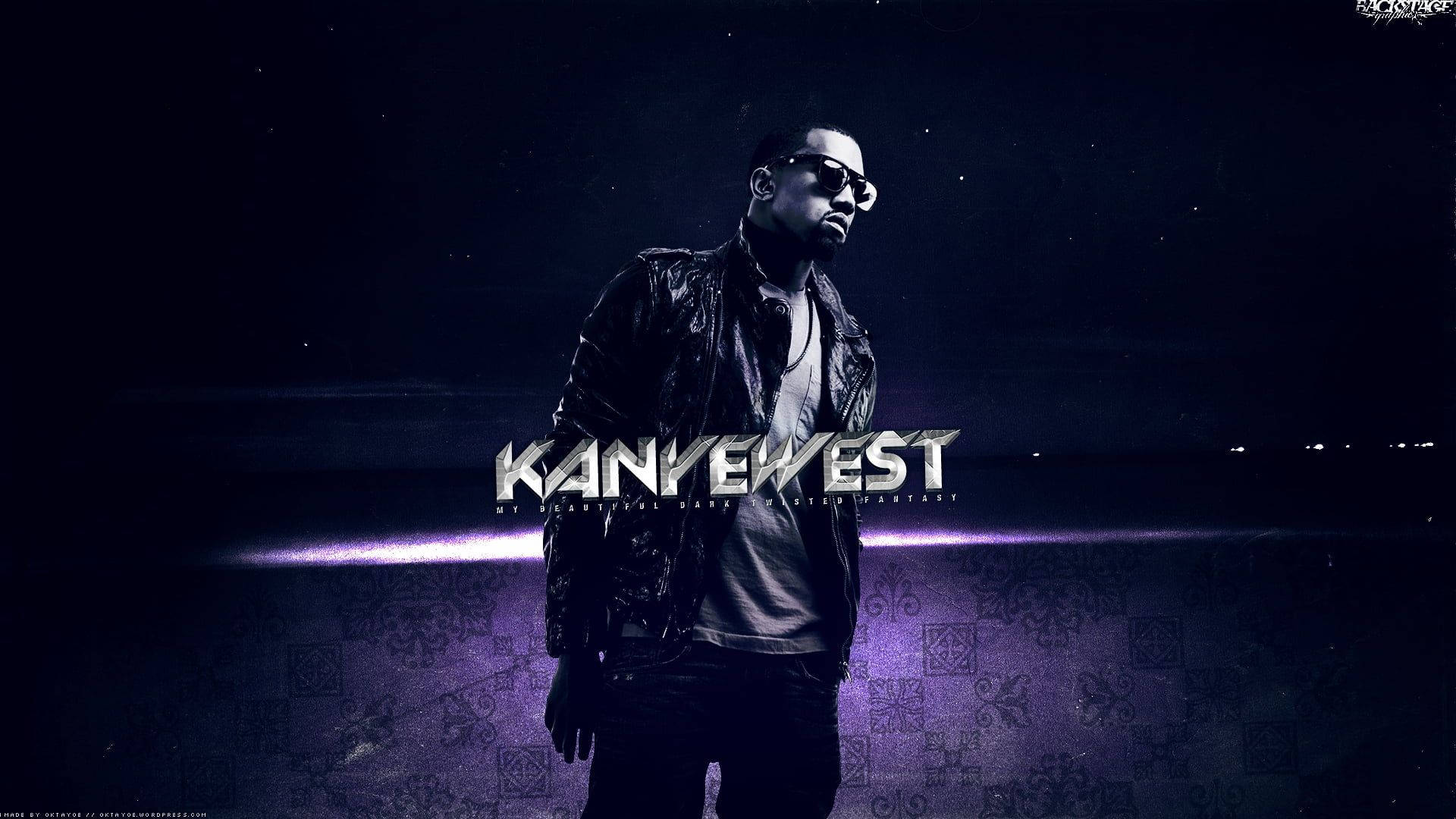 Kanye West 桌布 壁紙 — Kanye West 站在一個深紫色燈光的場景中，戴著太陽眼鏡和皮夾克，下方有發光文字。
