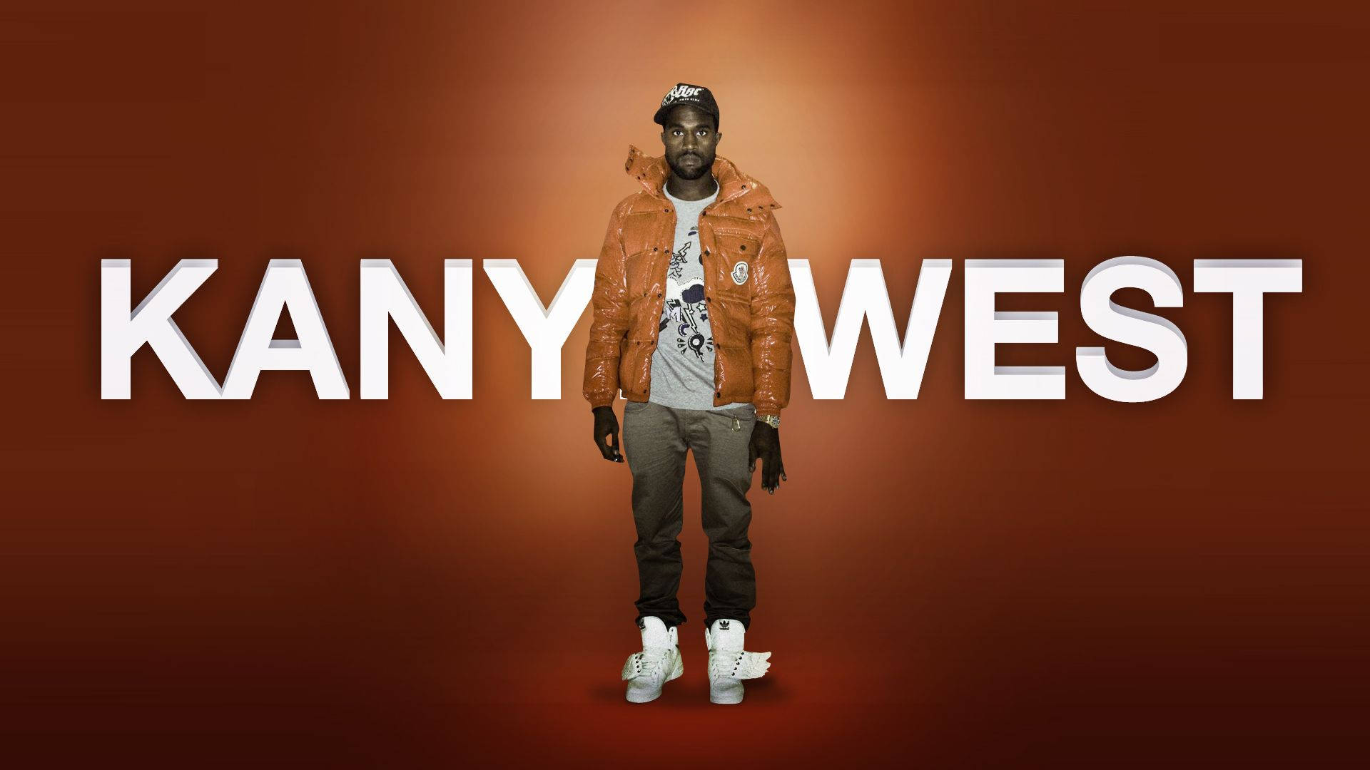Kanye 桌布 壁紙 — Kanye West 自信地穿著橙色羽絨外套，站在溫暖的漸變背景前，他的名字以粗體白色字母呈現。
