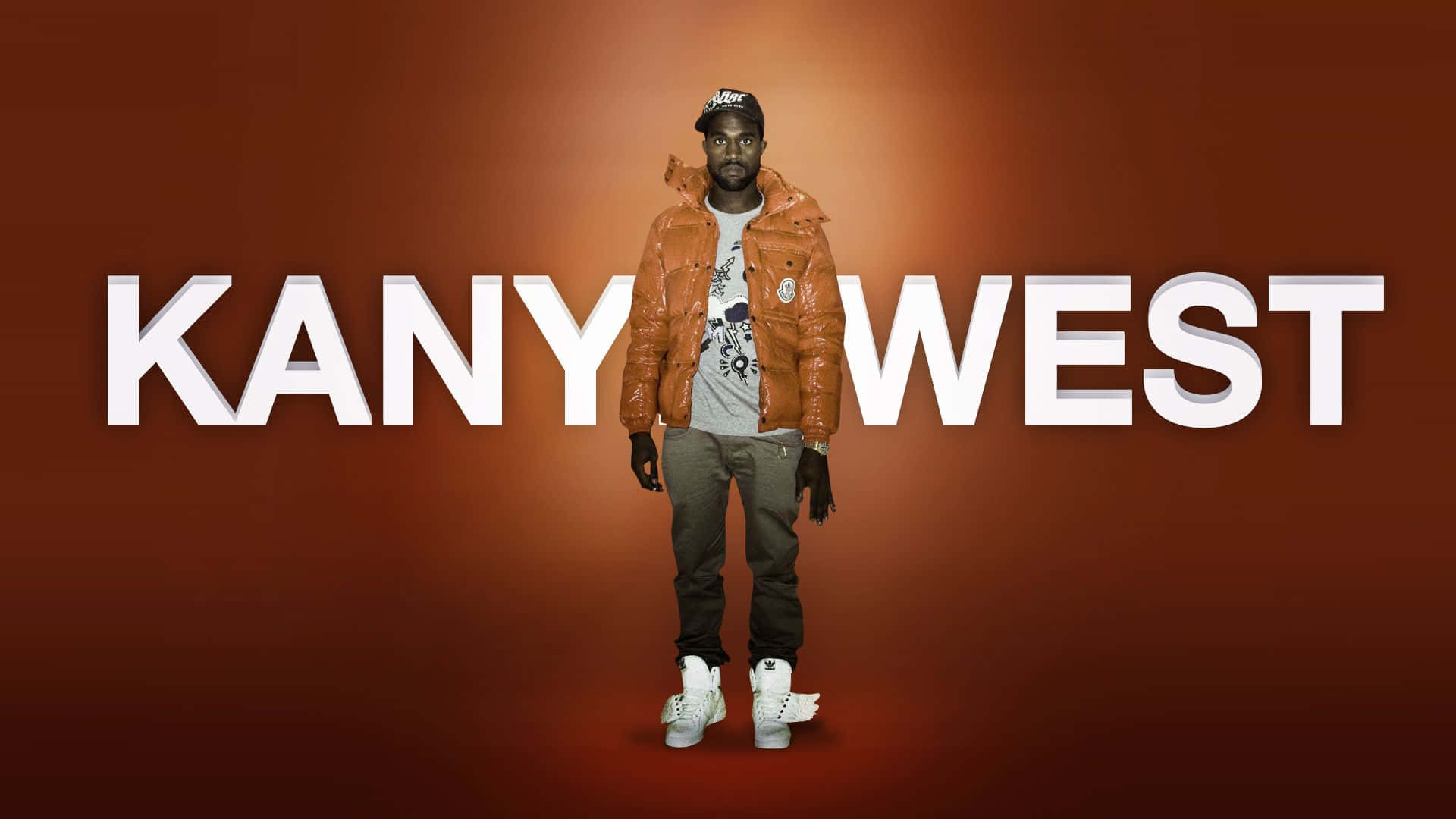 Kanye 桌布 壁紙 — Kanye West 自信地站在橙色羽絨外套中，背景是溫暖的漸變色，他的名字以粗體白色字母呈現。