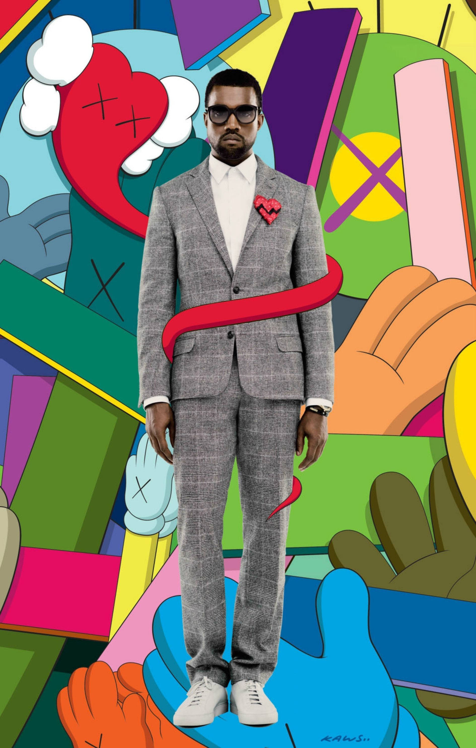 KAWS 桌布 壁紙 — Kanye West 身穿灰色西裝，自信地站在色彩繽紛的手和心形組成的充滿活力的卡通背景前。