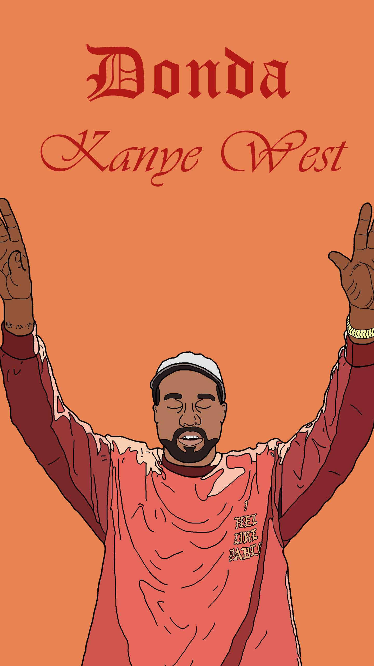 iPhone 鎖定畫面 桌布 壁紙 — Kanye West 高舉雙臂慶祝勝利，背景為純橙色，並有紅色字體的「Donda」和他的名字。