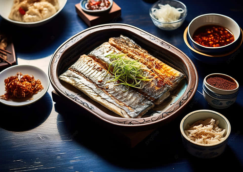  壁紙 — 烤鯖魚搭配綠色配菜，盛裝在陶瓷盤中，周圍環繞著韓國小菜，置於深色木桌上。