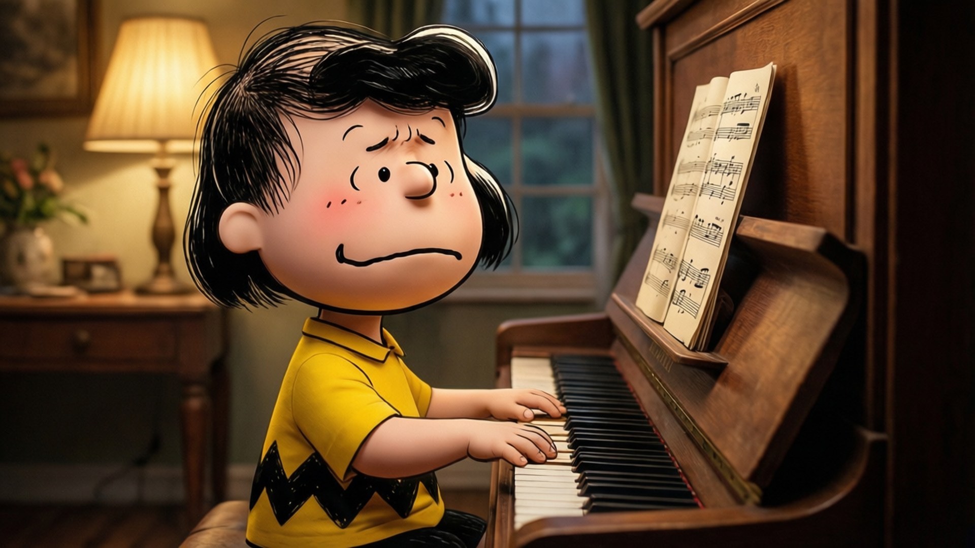 Piano Practice 壁紙 — 一個穿著黃色襯衫的卡通男孩在一個溫暖照明的房間裡彈奏木鋼琴，背景有燈和窗戶。