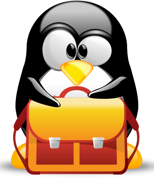 一隻卡通企鵝拿著一個紅黃色的書包。 — Linux 壁紙