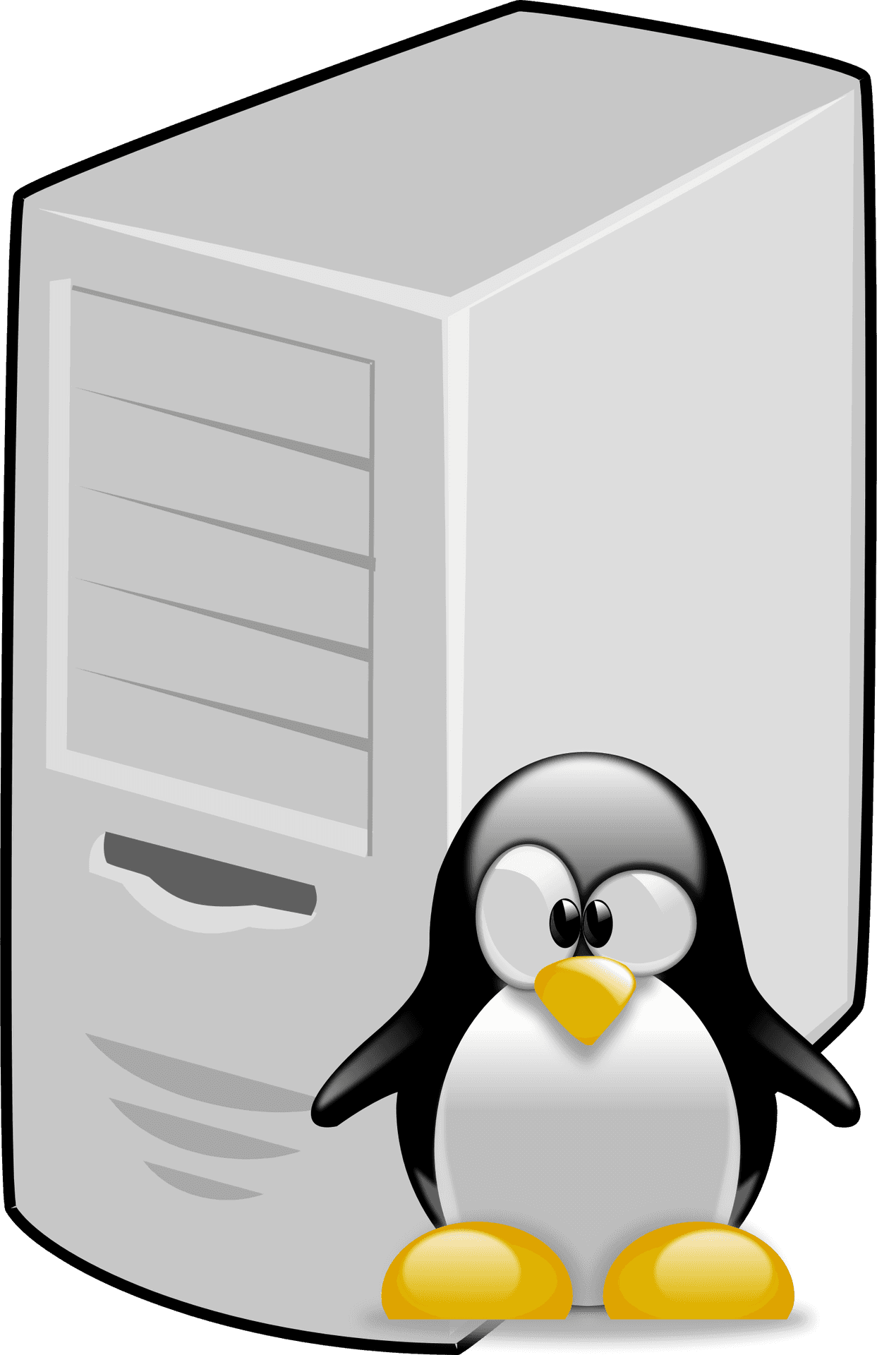 卡通企鵝吉祥物站在電腦塔旁邊。 — Linux 壁紙