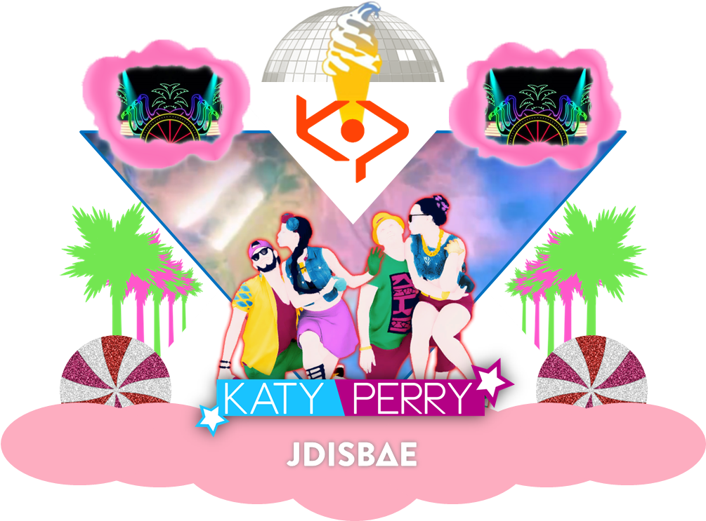 凱蒂佩芮 桌布 壁紙 — Katy Perry 和朋友在迪斯科球下跳舞的充滿活力的數位插圖，配有棕櫚樹和糖果主題裝飾。