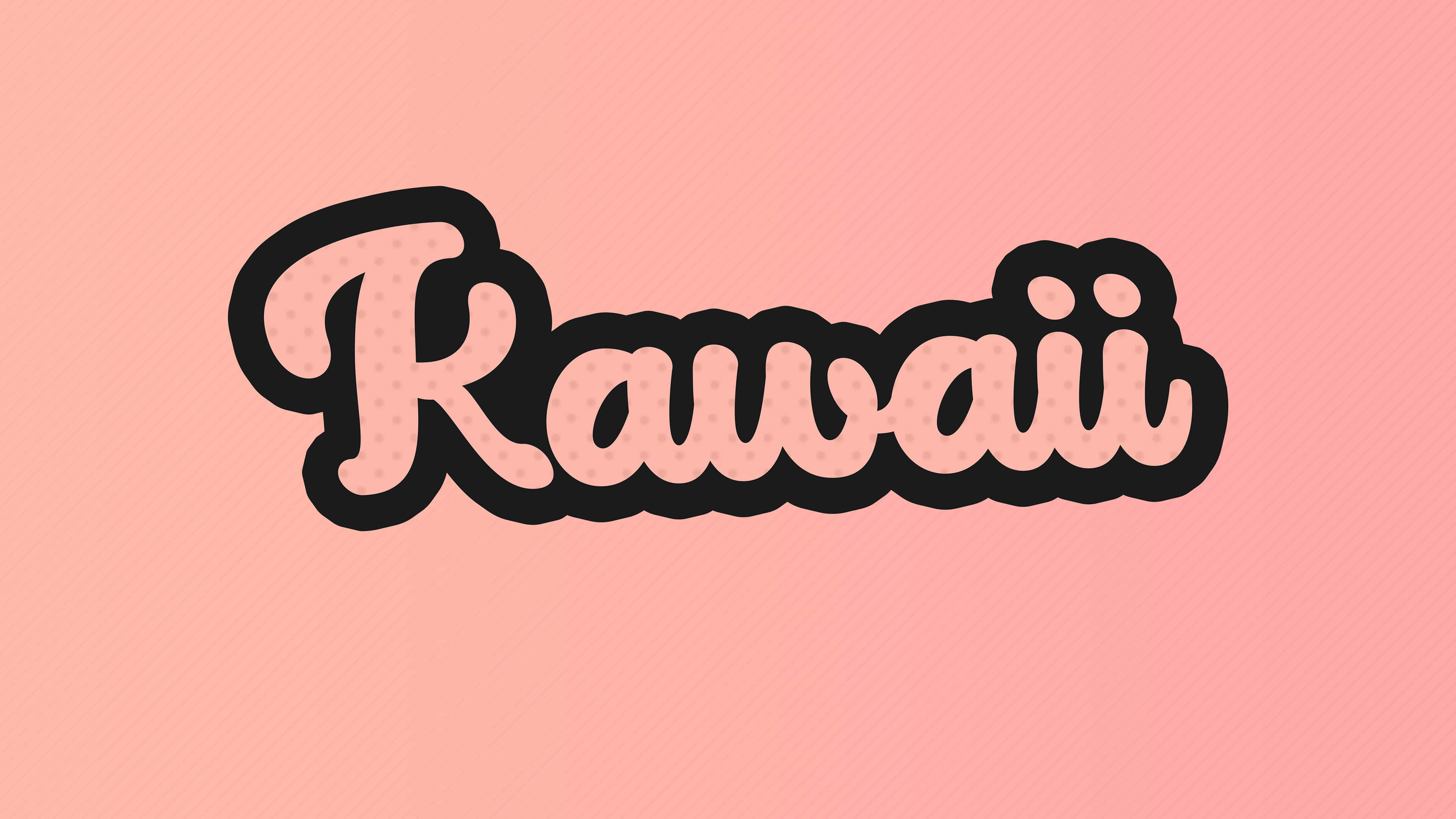 graphic design 桌布 壁紙 — 「Kawaii」一詞以粗體黑色泡泡字體呈現，帶有粉紅色點狀填充，在帶有對角線條的柔和粉紅色背景上脫穎而出。