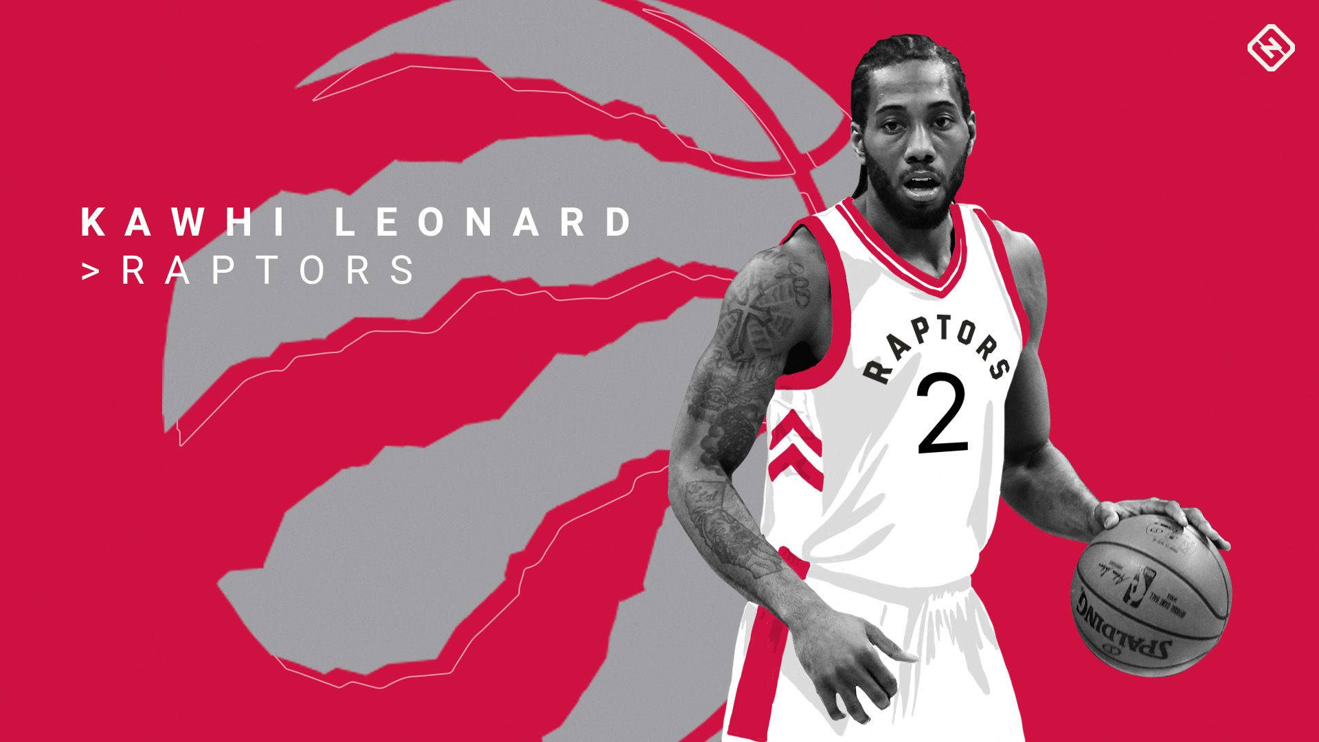 Teams 桌布 壁紙 — Kawhi Leonard 身穿多倫多暴龍隊球衣，在鮮明的紅灰色球隊標誌背景下手持籃球。
