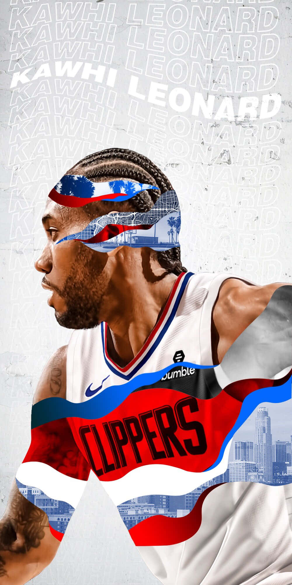 Paul George Clippers 桌布 壁紙 — Kawhi Leonard 身穿快艇隊球衣的風格化肖像，城市景觀和旗幟圖案融入他的頭髮和球衣中。