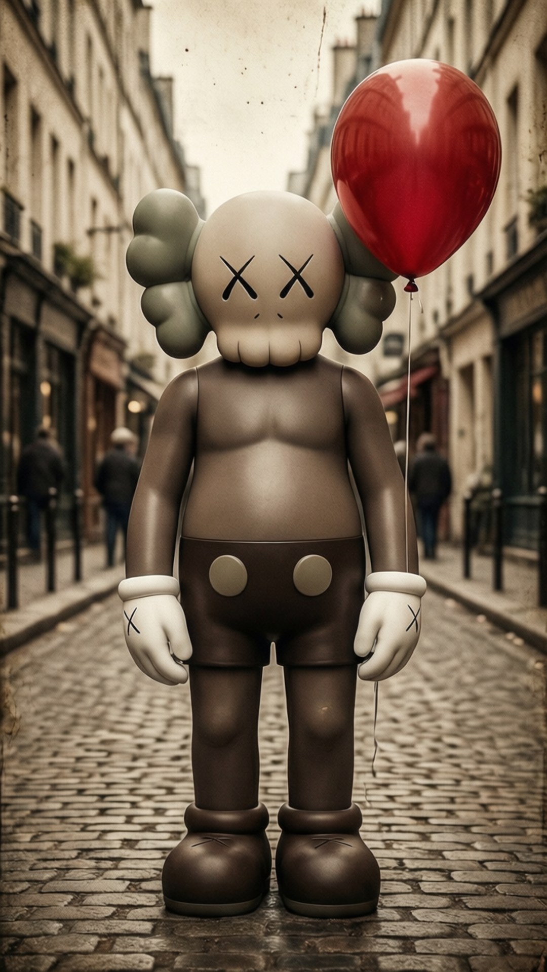 Balloon Companion 壁紙 — 一個大型棕色KAWS公仔，有X形眼睛，手持紅色氣球，站在鵝卵石街道上，兩旁是舊建築。