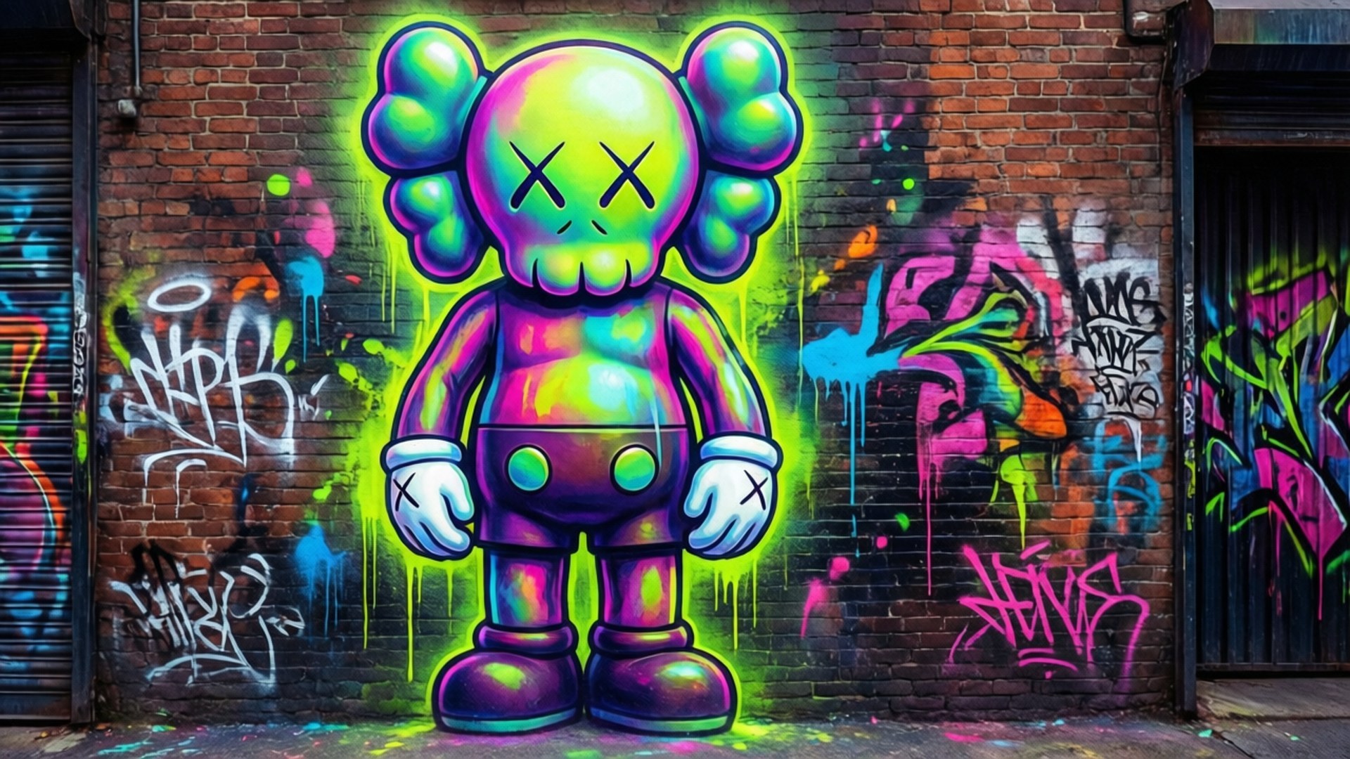 Graffiti Chum Alley 壁紙 — 一個巨大的霓虹色KAWS角色，帶有發光的綠色光環，站在佈滿彩色塗鴉的磚牆上。