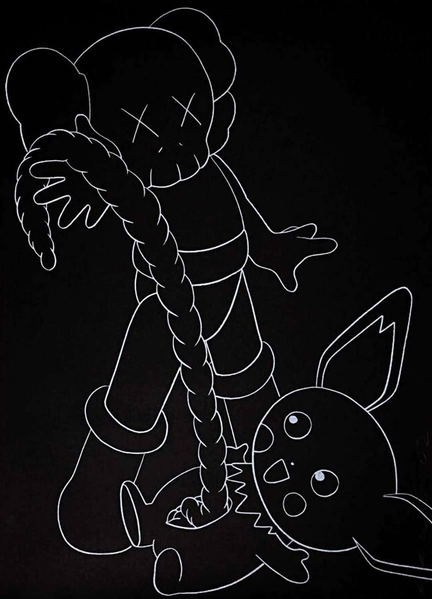 KAWS角色手持繩索圍繞皮卡丘的白色線條藝術，黑色背景 — Kaws 壁紙