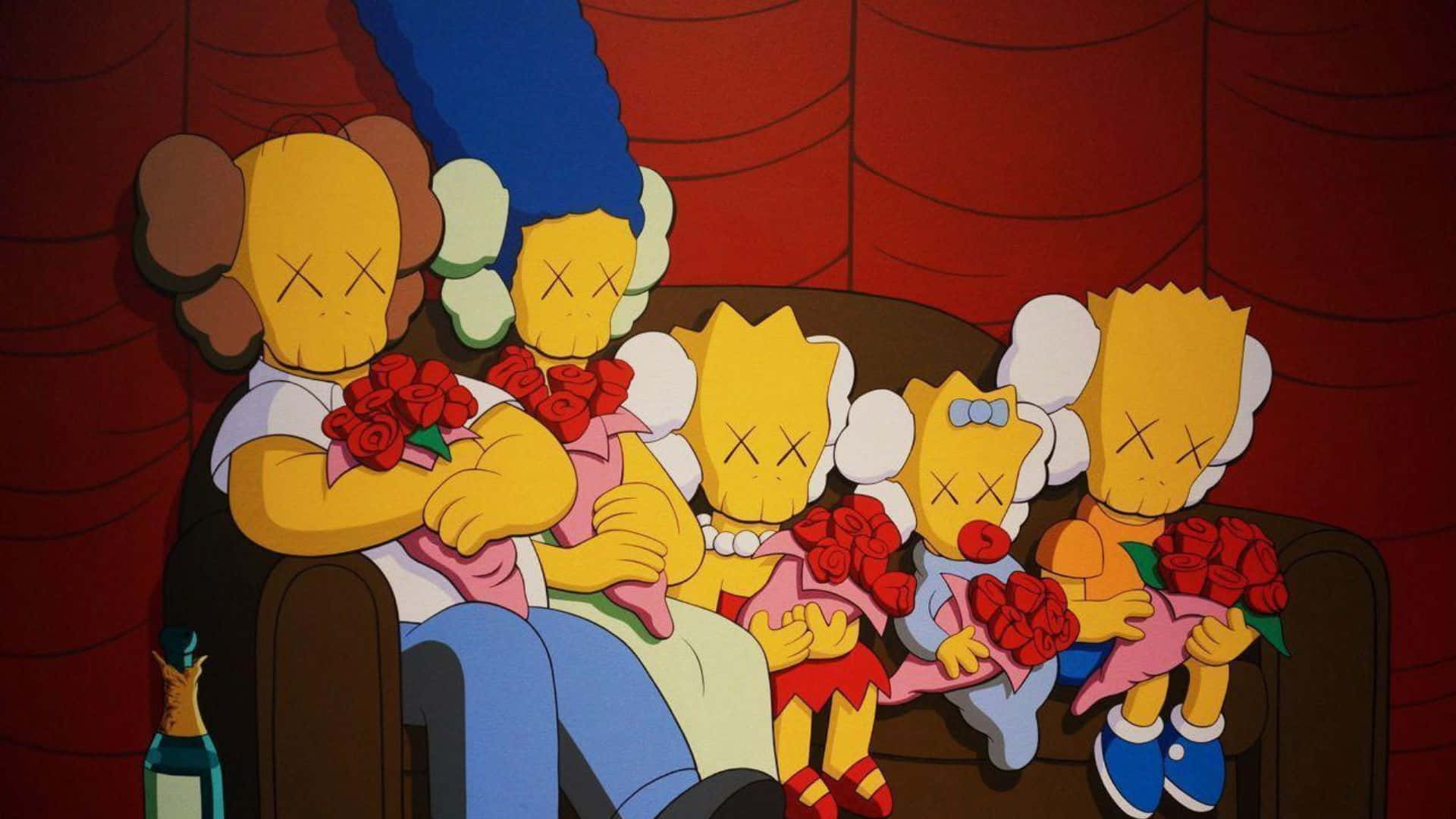 Kaws The Simpsons 桌布 壁紙 — KAWS x 辛普森家庭角色坐在沙發上，手持玫瑰，眼睛呈X形，背景為紅色窗簾。