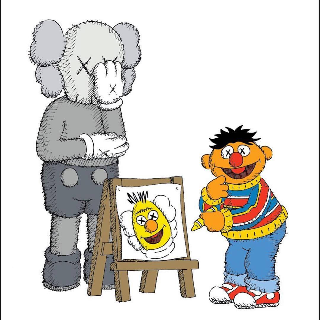 Uniqlo 桌布 壁紙 — Kaws 角色在畫架上畫了一個快樂的黃色臉孔，而 Ernie 豎起大拇指觀看。