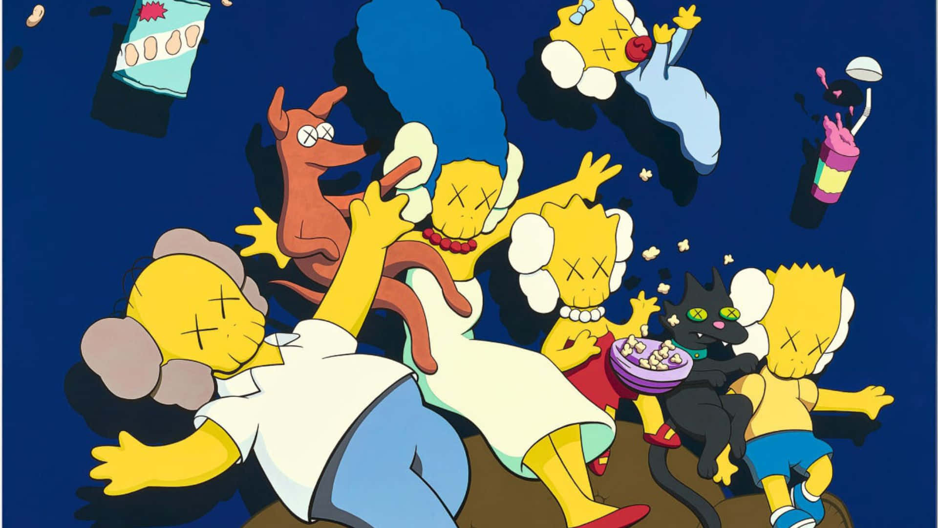 Kaws The Simpsons 桌布 壁紙 — Kaws風格化的辛普森家庭角色在混亂的夜晚場景中漂浮，伴有漂浮物體和富有表現力的姿勢。