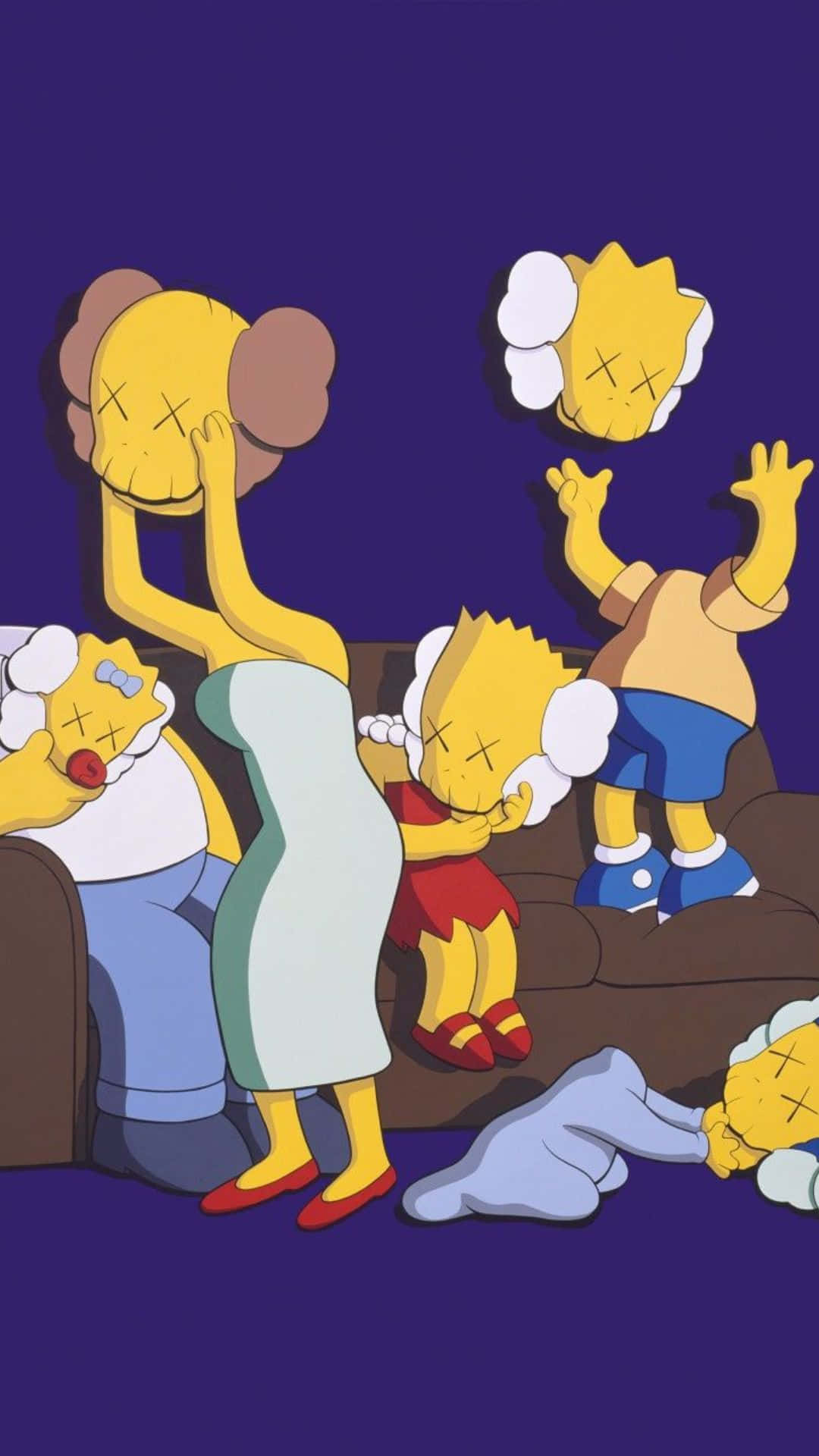 Kaws The Simpsons 桌布 壁紙 — Kaws風格的辛普森家庭在沙發上休息，有X形眼睛和雲狀頭，背景是深紫色。
