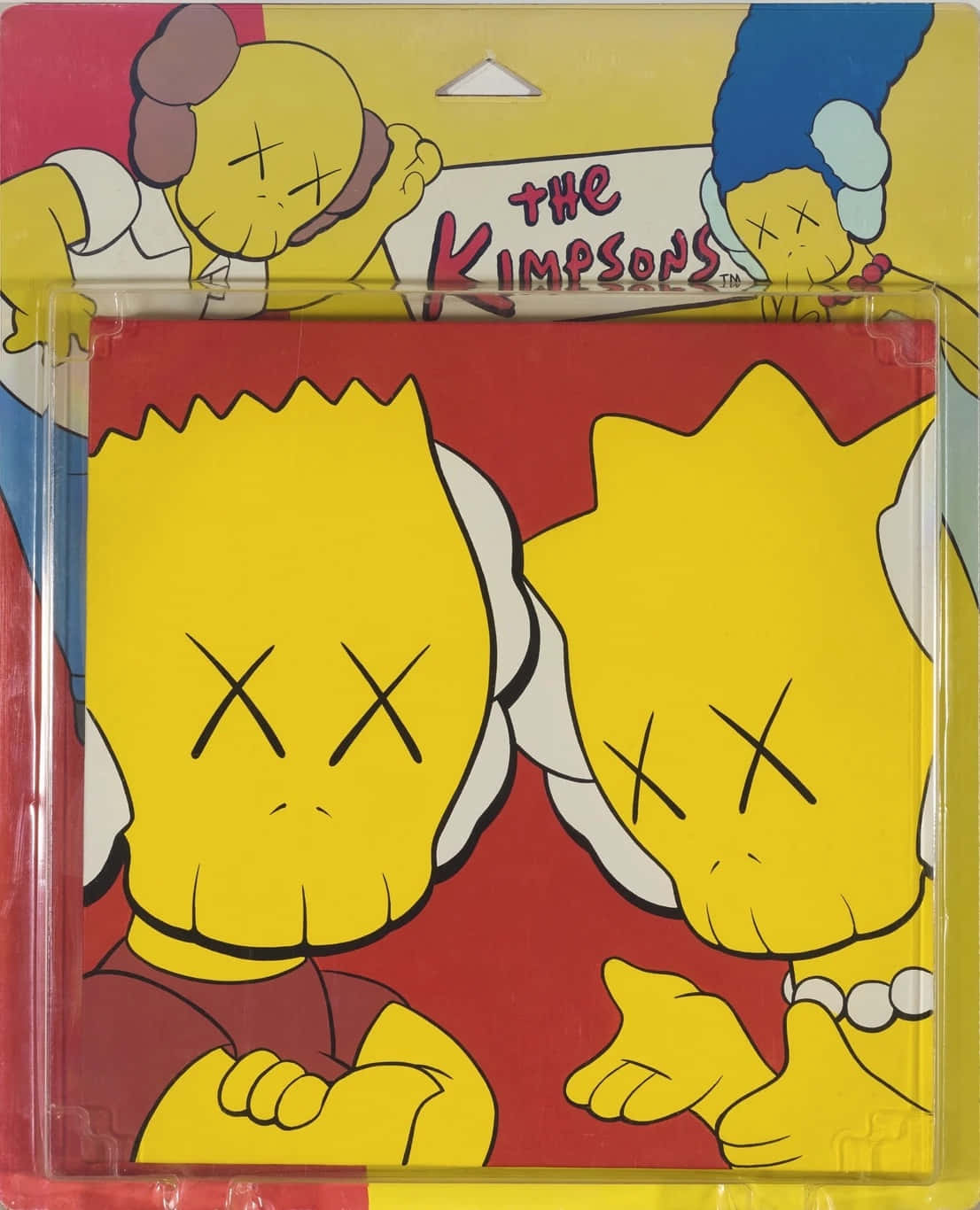 Kaws The Simpsons 桌布 壁紙 — Kaws風格的辛普森角色，帶有X眼睛，在色彩繽紛的包裝藝術印刷品中。