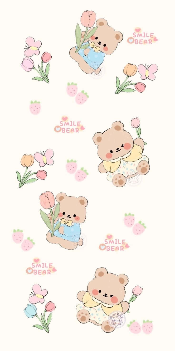  壁紙 — 可愛的粉彩卡通小熊拿著鬱金香和草莓，周圍散落著「SMILE BEAR」文字。