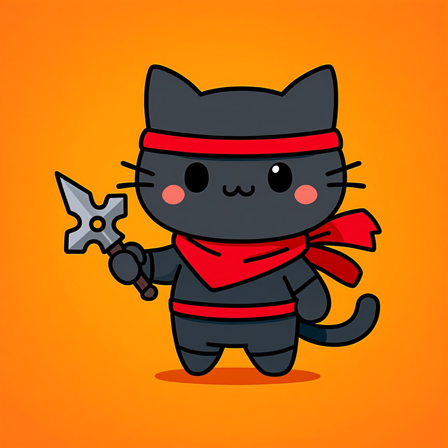 Cute Ninja Cat 壁紙 — 一隻可愛的黑貓忍者，戴著紅色頭巾和圍巾，在鮮豔的橙色背景上拿著銀色手裏劍。