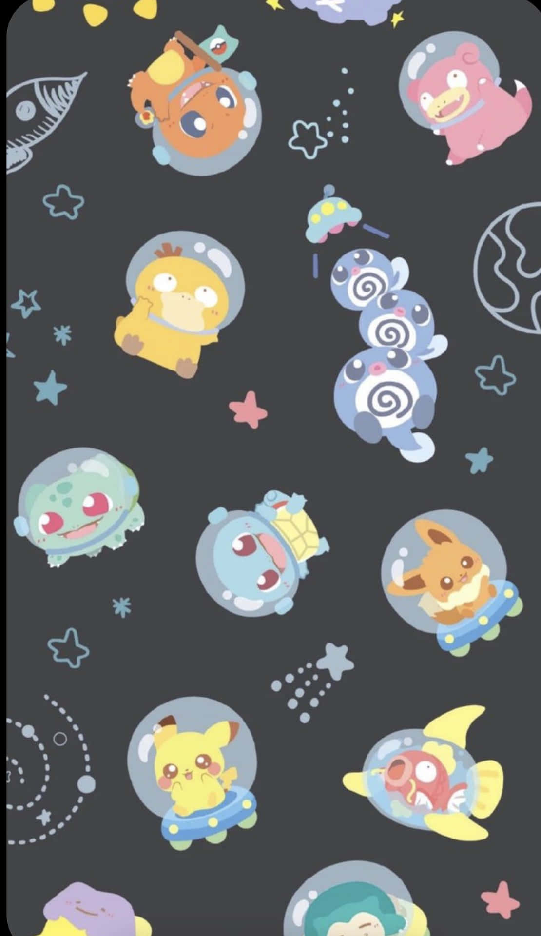  壁紙 — 可愛的卡通寶可夢角色在黑暗背景中穿著太空衣漂浮在星星和行星之間。