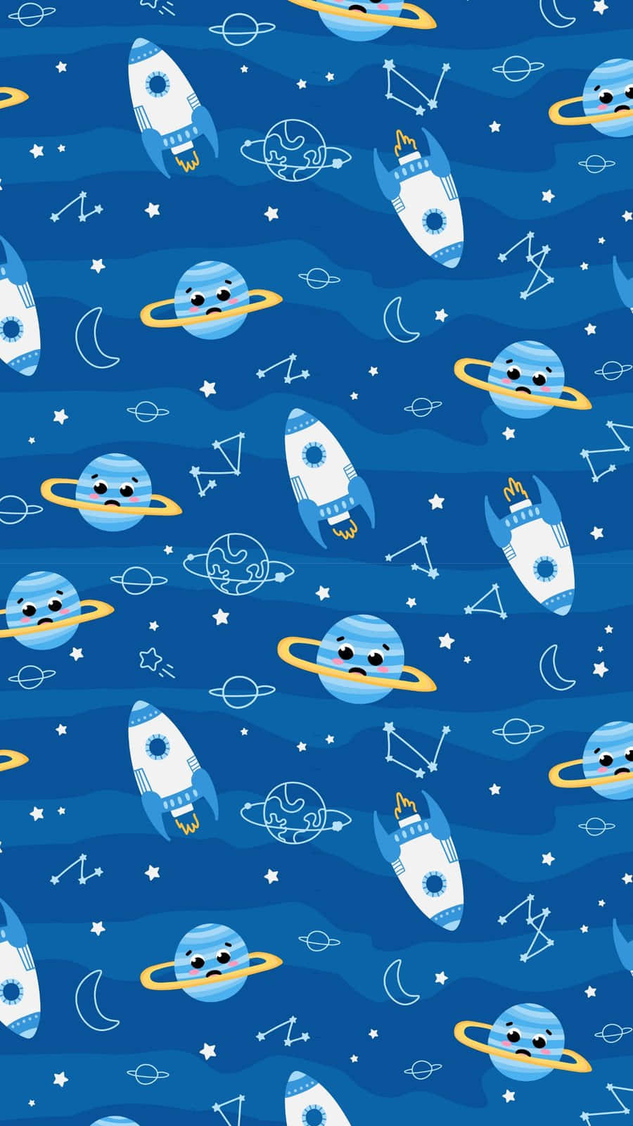 壁紙 — 可愛的卡通火箭和帶有臉孔的行星在充滿星星和星座的深藍色太空中漂浮。