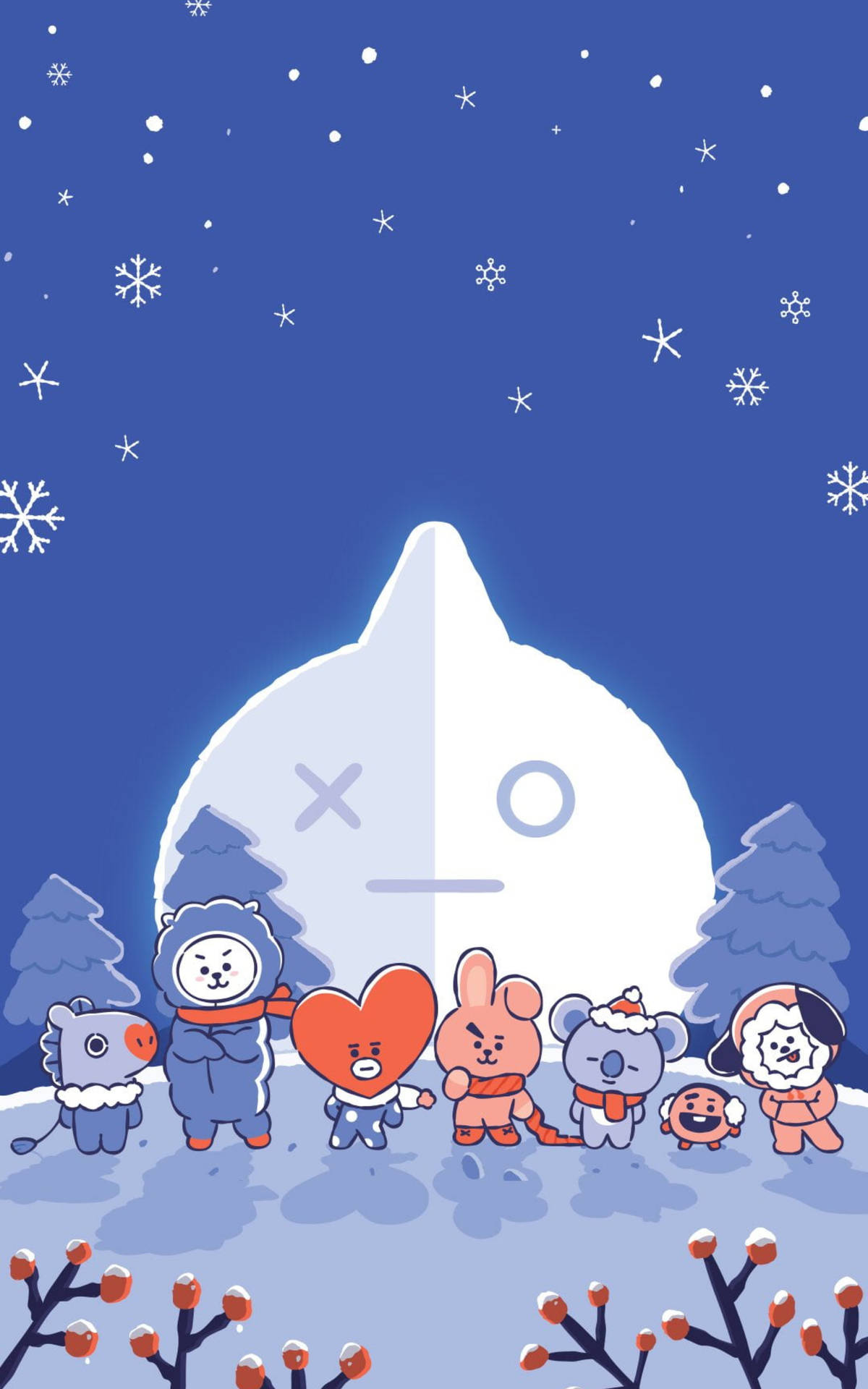 一群穿著冬季服裝的卡通角色站在雪人附近的雪地中。 — Bts 壁紙