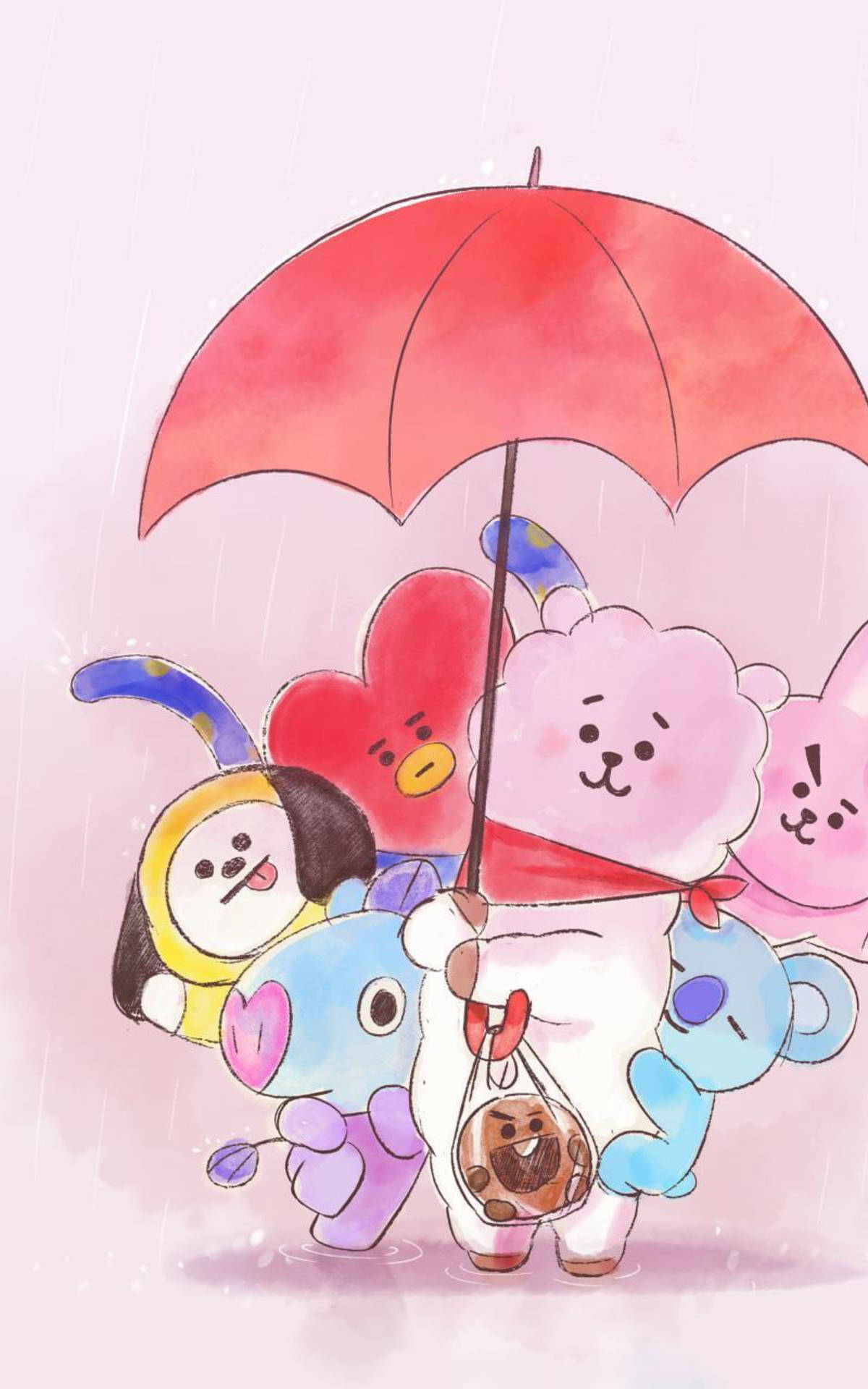 一群卡通朋友在雨中共享一把紅色雨傘。 — Bts 壁紙