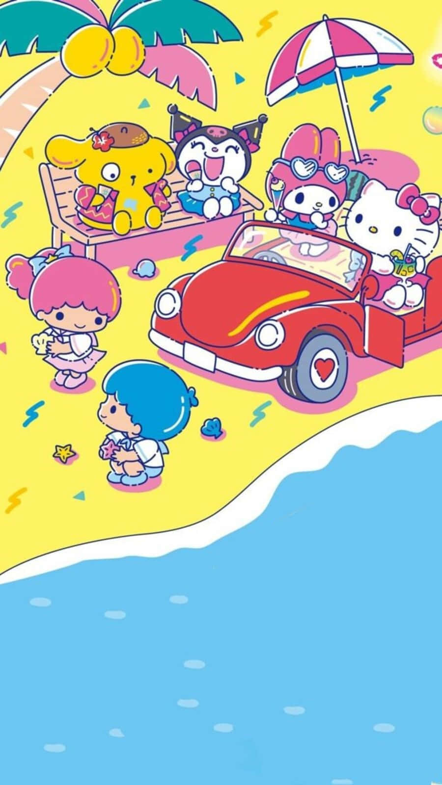 卡通人物在陽光明媚的海灘上放鬆玩耍，旁邊有一輛紅色汽車。 — Hello Kitty 壁紙