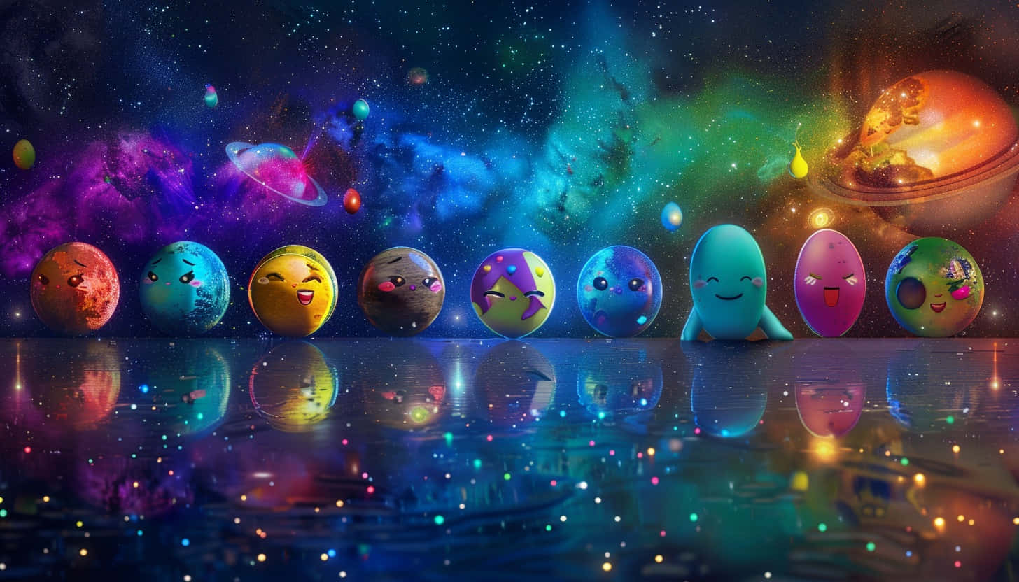  壁紙 — 可愛的卡通行星帶有臉孔，漂浮在充滿活力的宇宙星雲中，並在閃爍的表面上反射。