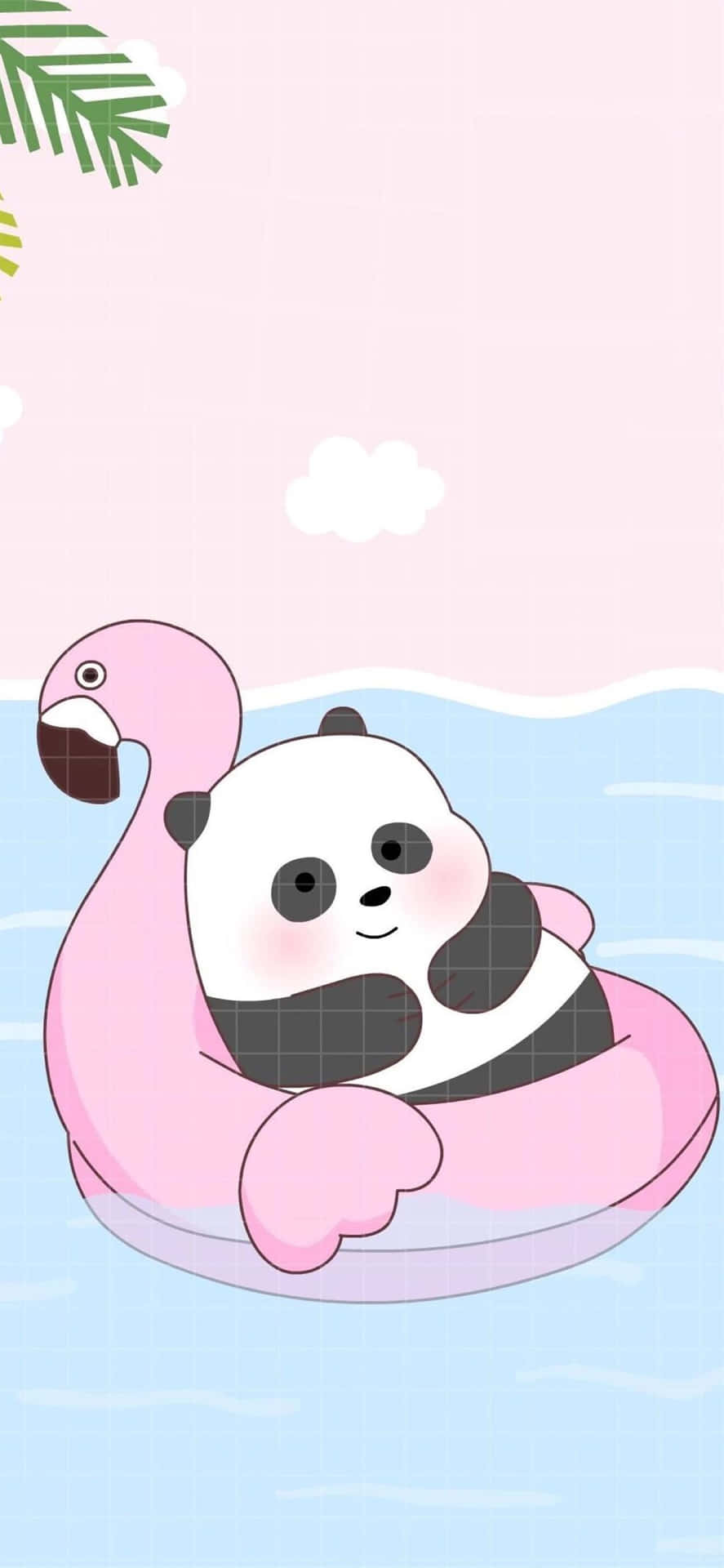  壁紙 — 一隻可愛的卡通熊貓在粉紅色火鶴形狀的泳池浮板上快樂地漂浮，背景是柔和的粉紅色天空、棕櫚葉和雲朵。