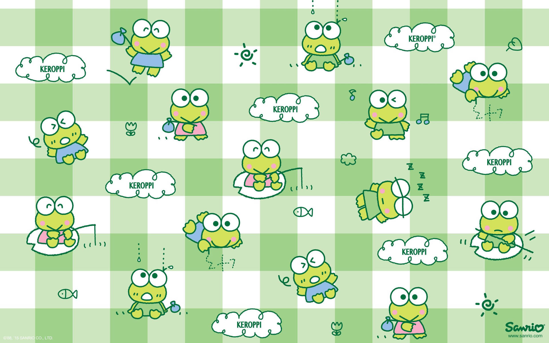 Keroppi青蛙在綠色和白色格子背景上擺出可愛姿勢。 — Sanrio 壁紙