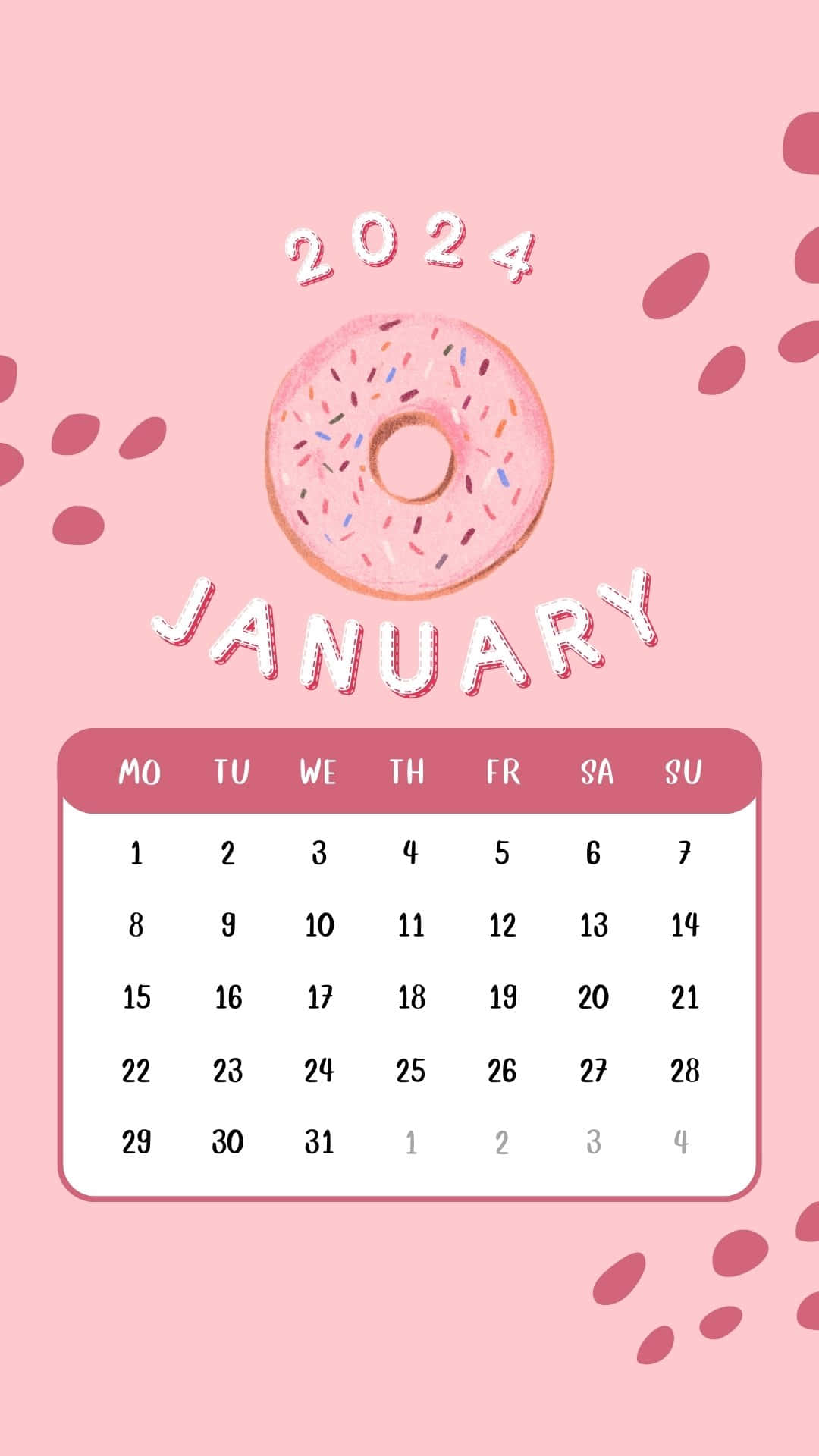  壁紙 — 可愛的粉紅色2024年1月日曆， featuring 一個灑滿糖粒的甜甜圈和俏皮的爪印點綴。