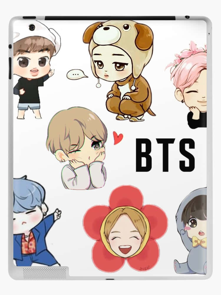可愛的BTS成員穿著服裝出現在帶有'BTS'文字的平板保護殼上。 — Bts 壁紙